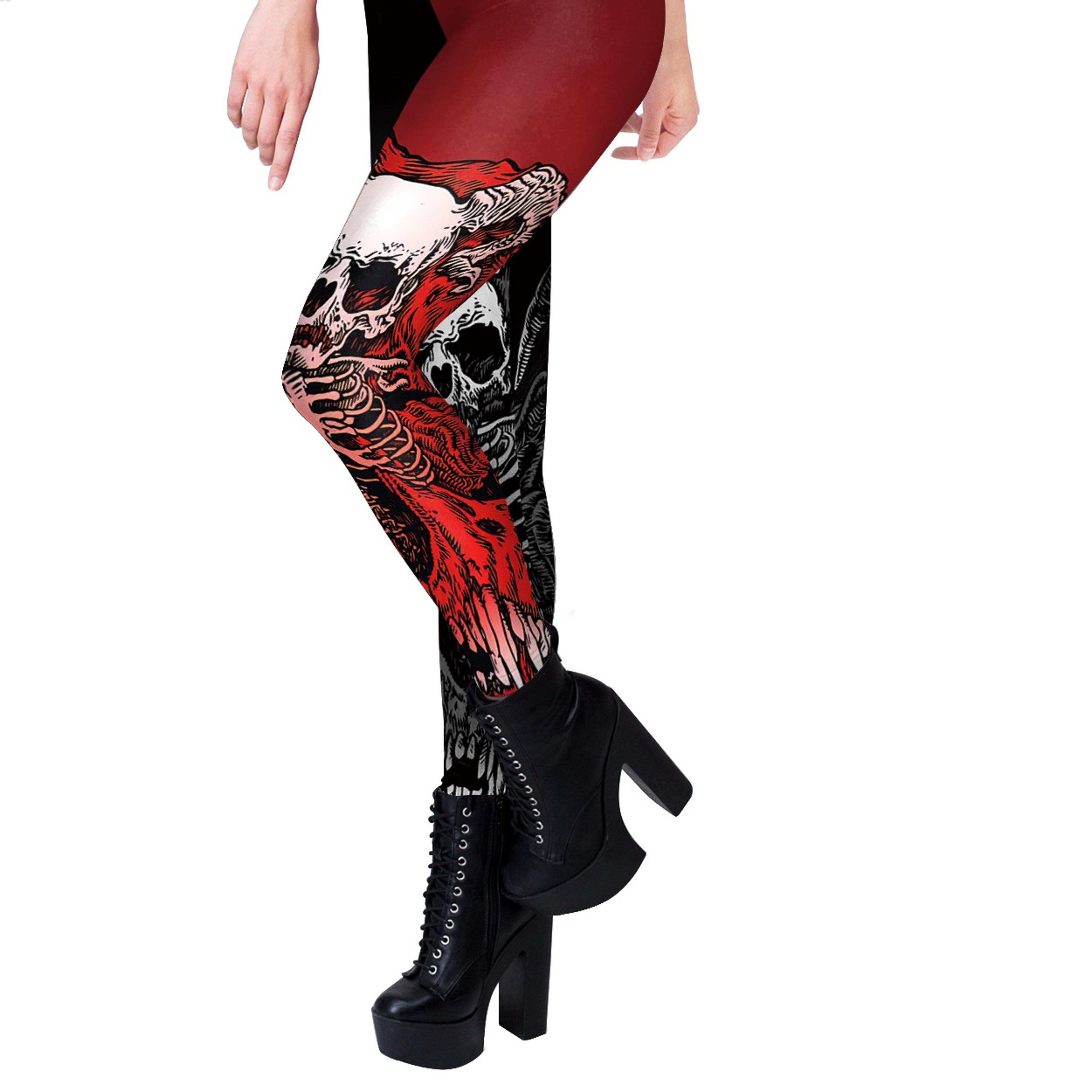 Womens Gothic Skeleton Print Leggings Stretchy Ankle Length Halloween Pantsjpg