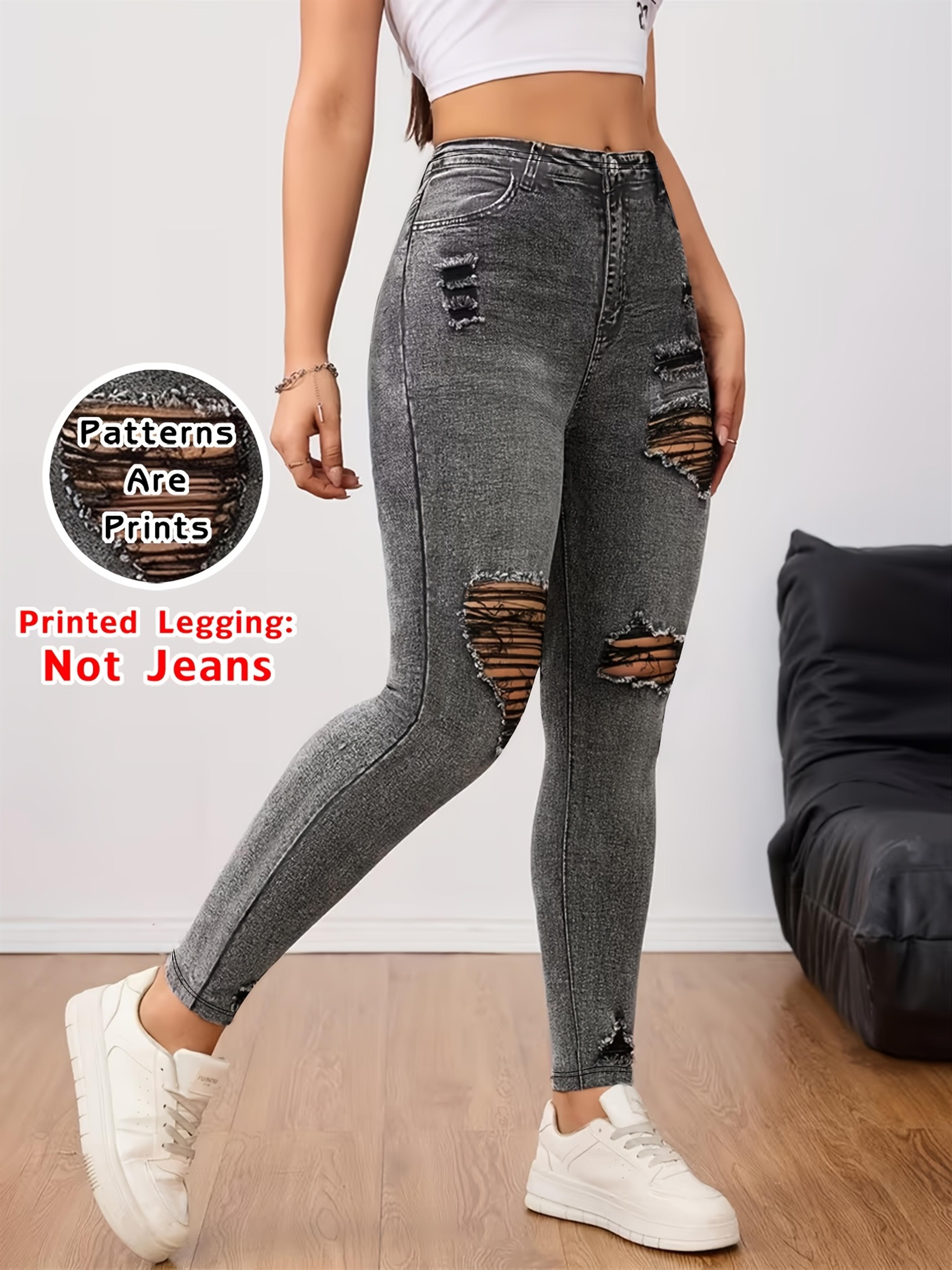 womens faux denim print leggings high waist stretchy casual yoga pants