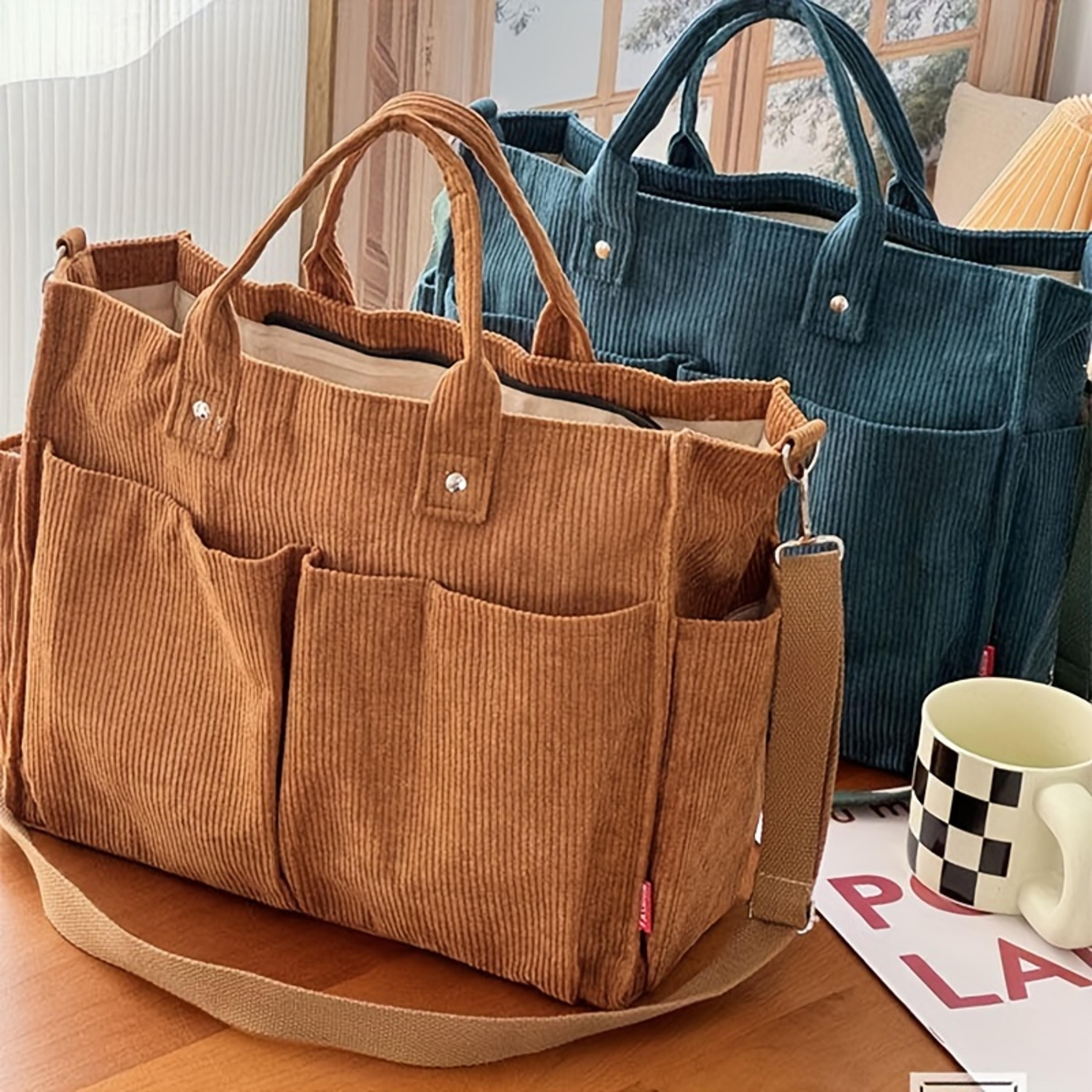 corduroy crossbody tote bag with multiple pockets and zipper closure