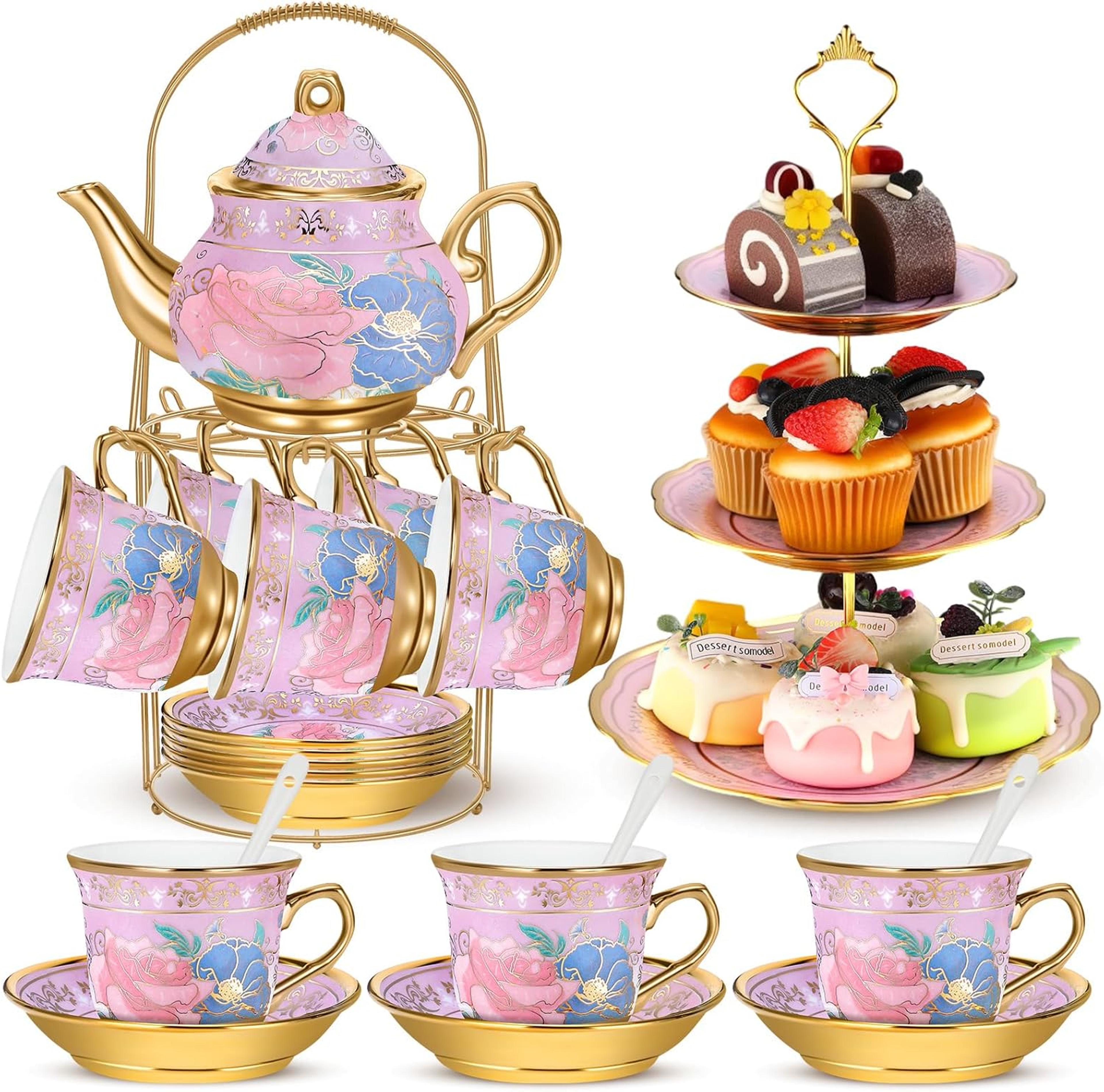 21-piece ceramic tea set with metal holder & cupcake stand – elegant european tea pot, cups, and tiered dessert tower