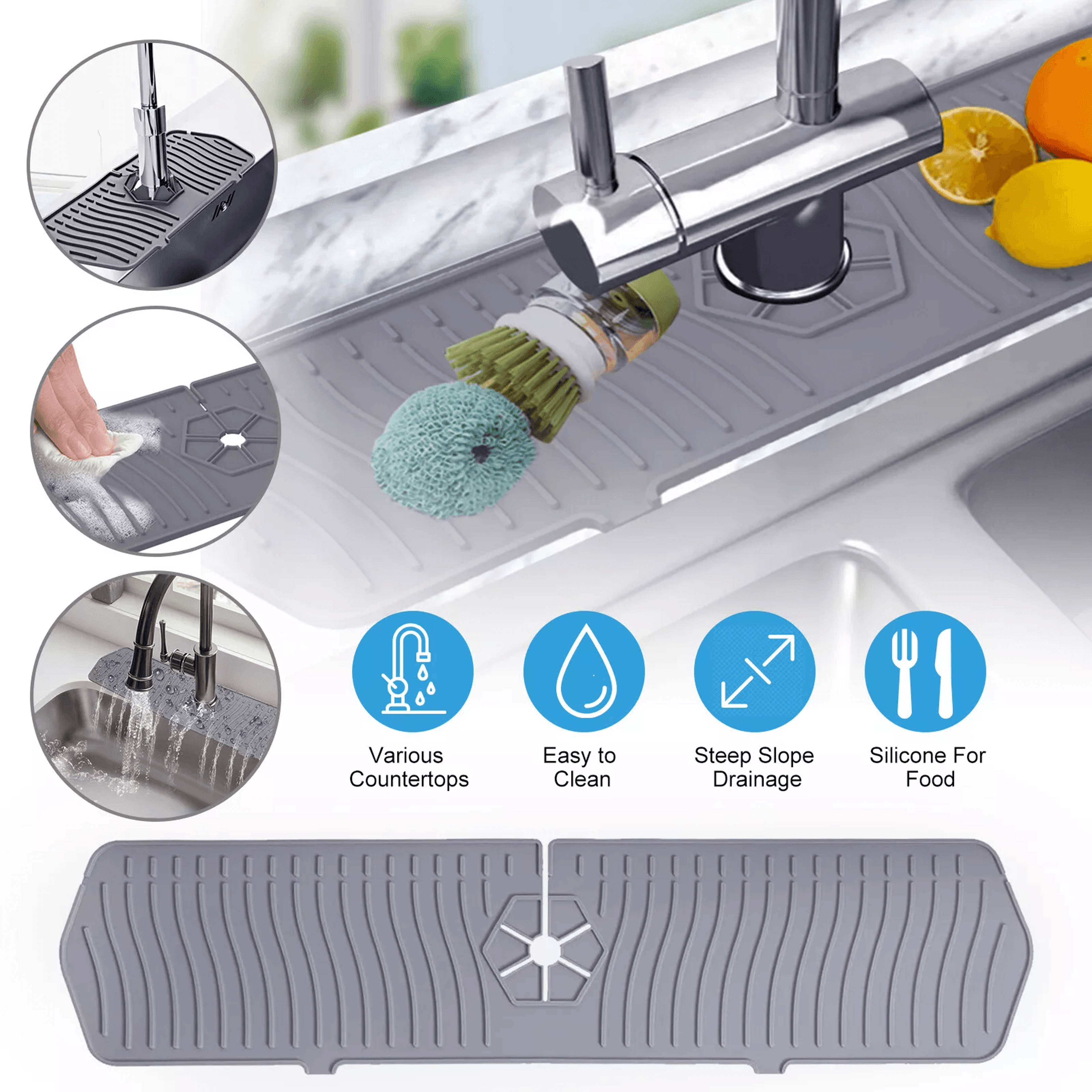 kitchen sink silicone faucet drain pad, splash guard drip catcher tray for countertop water control and easy cleaning