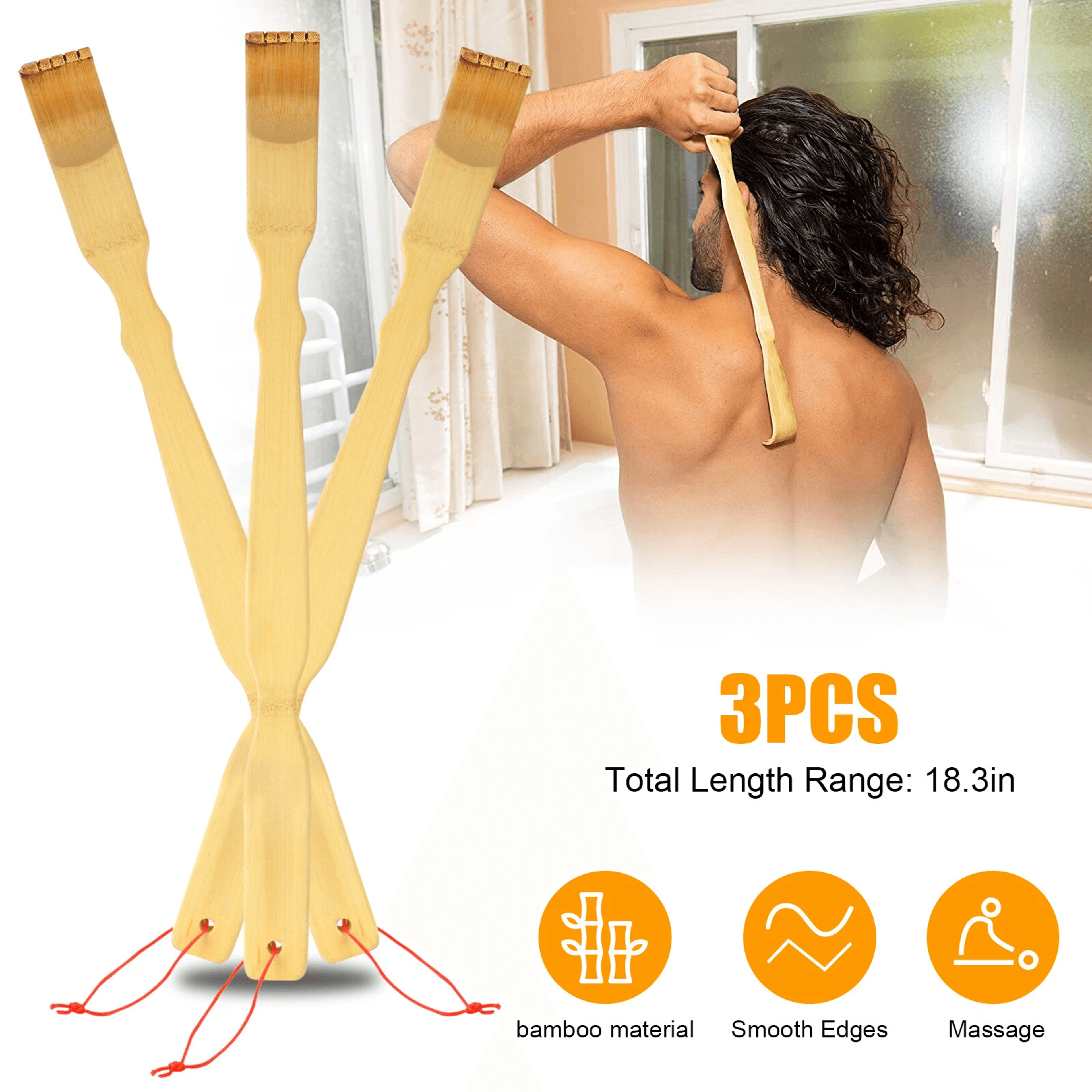 long reach natural bamboo back scratcher tool, portable itch relief stick with hanging strap, ergonomic and durable