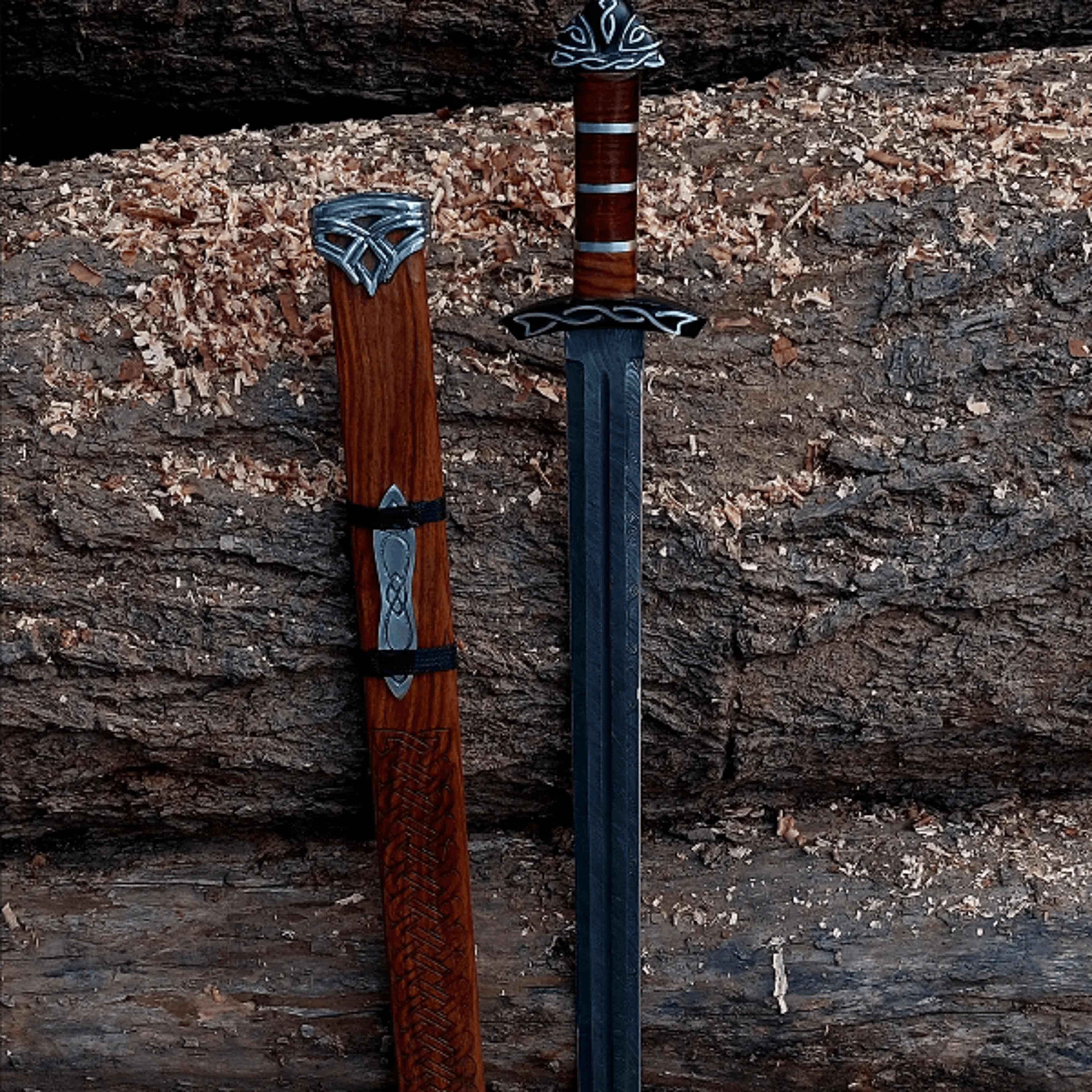 hand forged damascus steel viking sword – 36" northmen replica with ash wood handle & custom scabbard