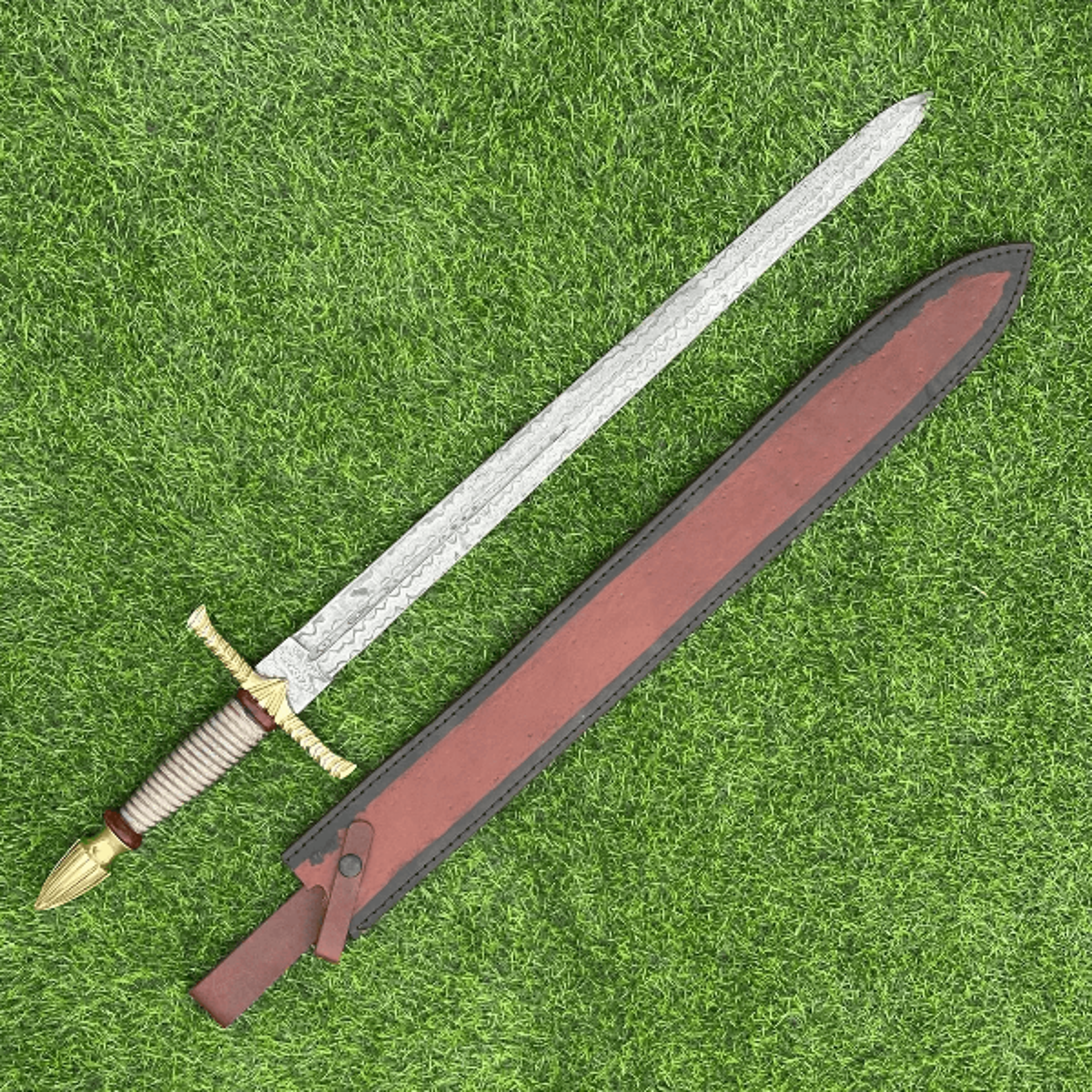 handmade damascus steel 30 double-edge combat sword – brass guard, cooper wire handle