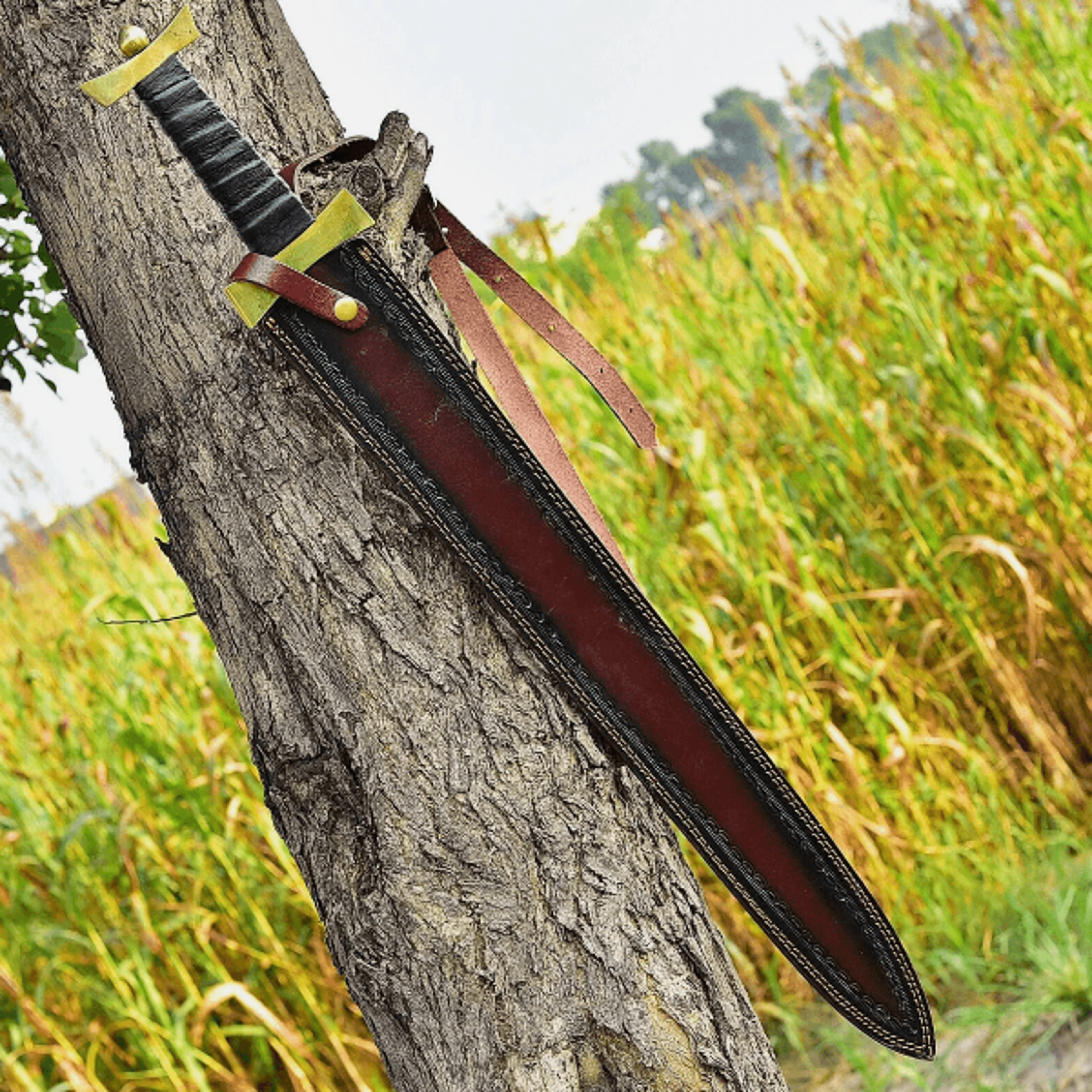 36-inch hand forged damascus steel viking sword - double-edged, battle-ready