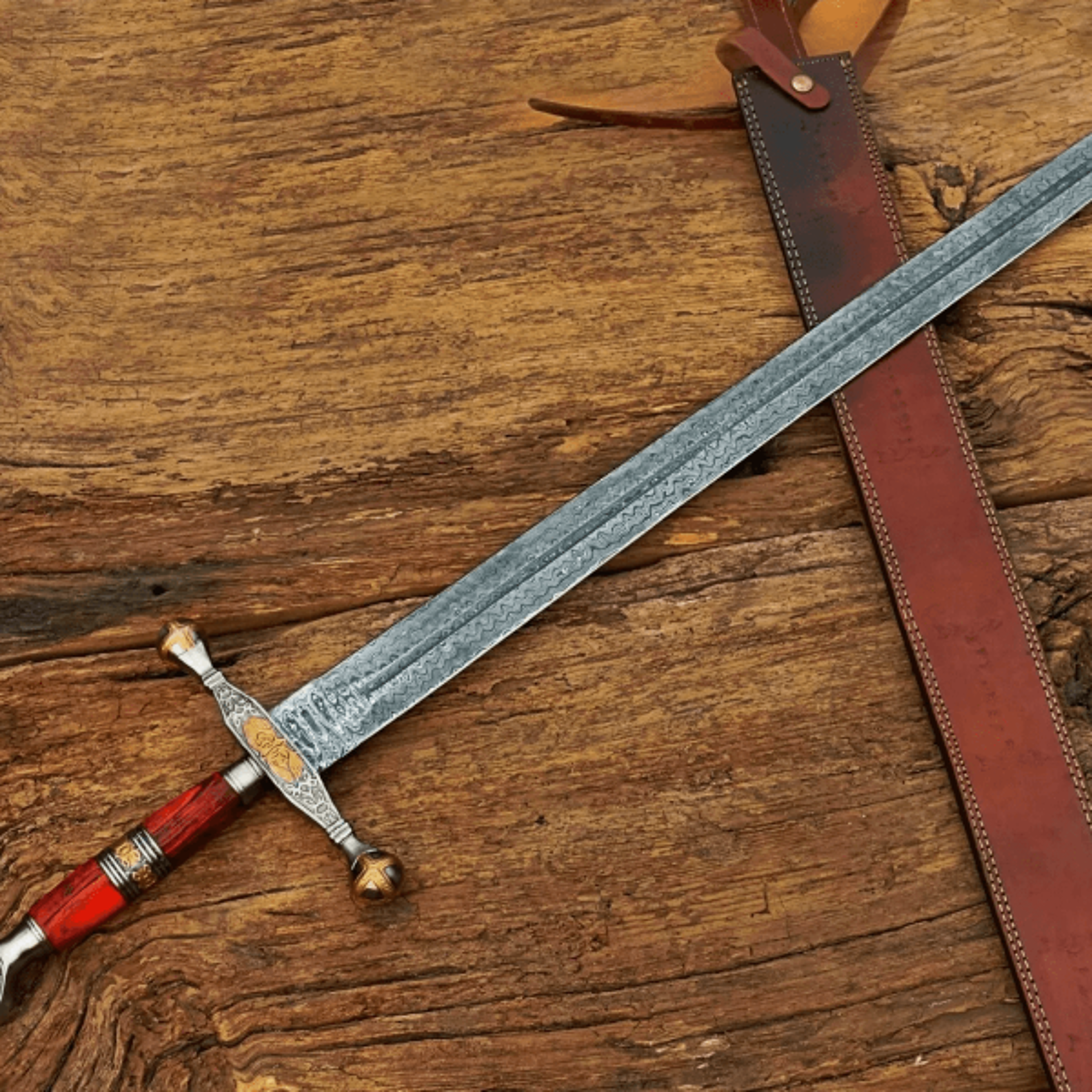 hand forged damascus steel viking sword - medieval templar knight sword with leather sheath