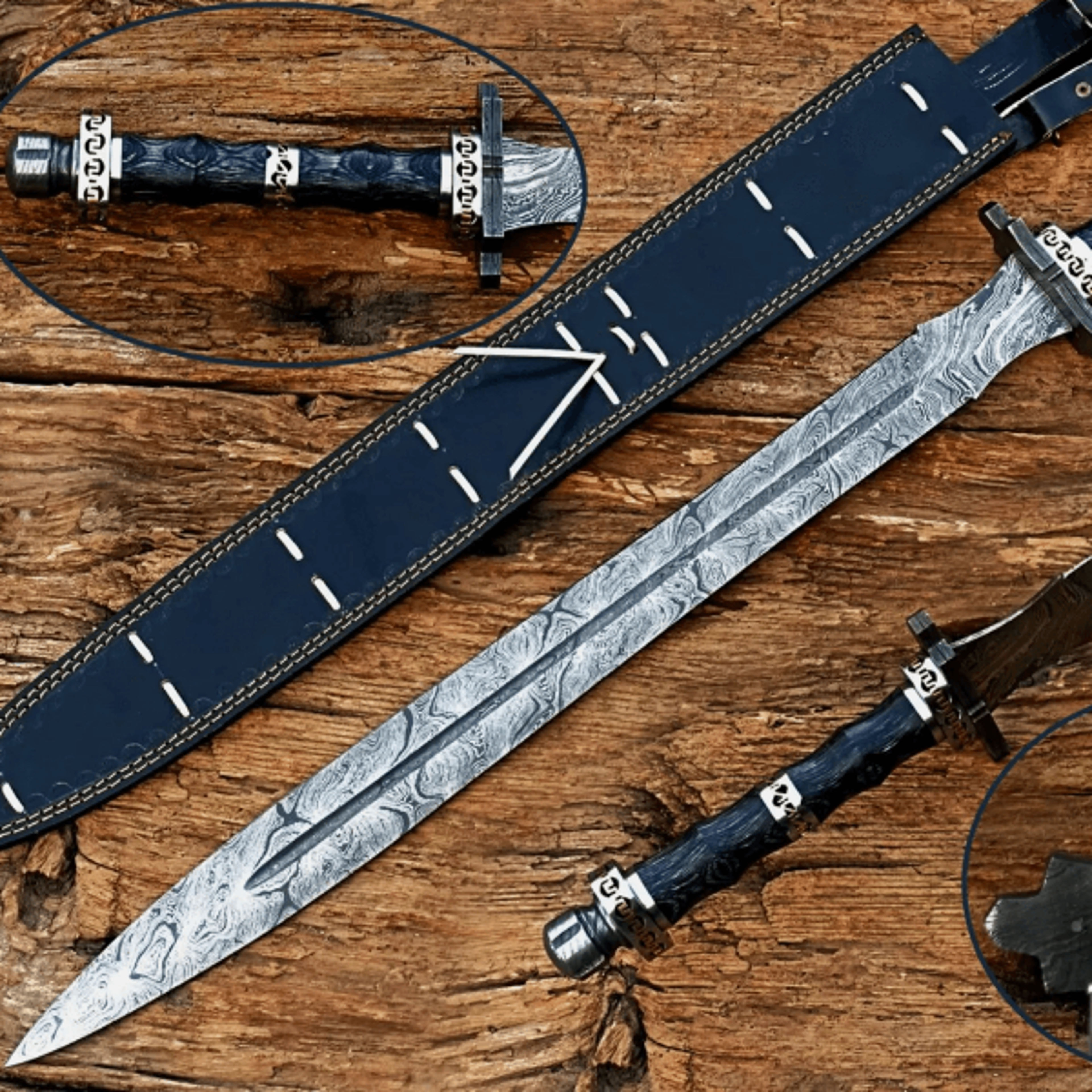damascus steel viking sword - battle ready medieval sword with leather sheath
