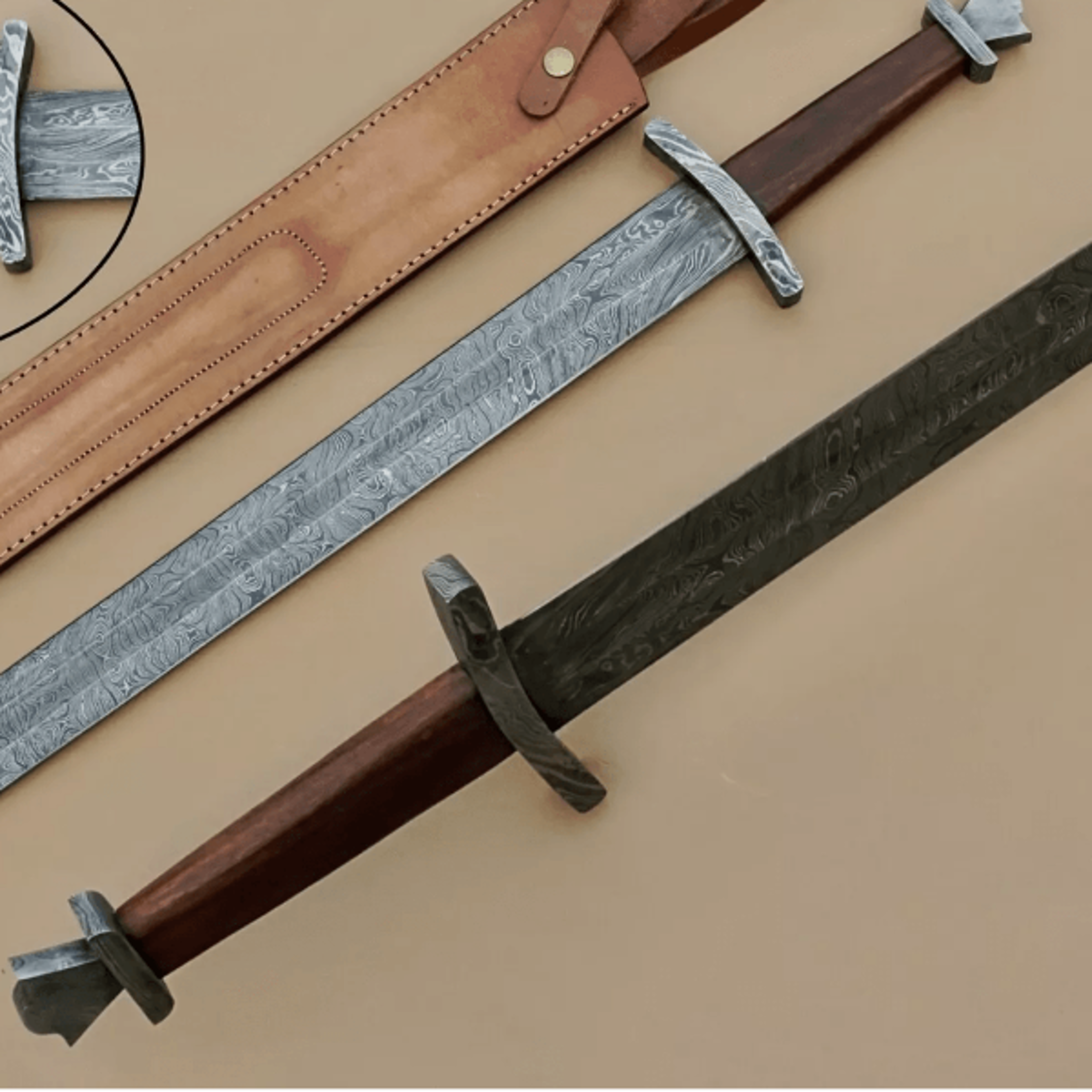 hand forged damascus steel viking sword | battle-ready medieval sword with sheath