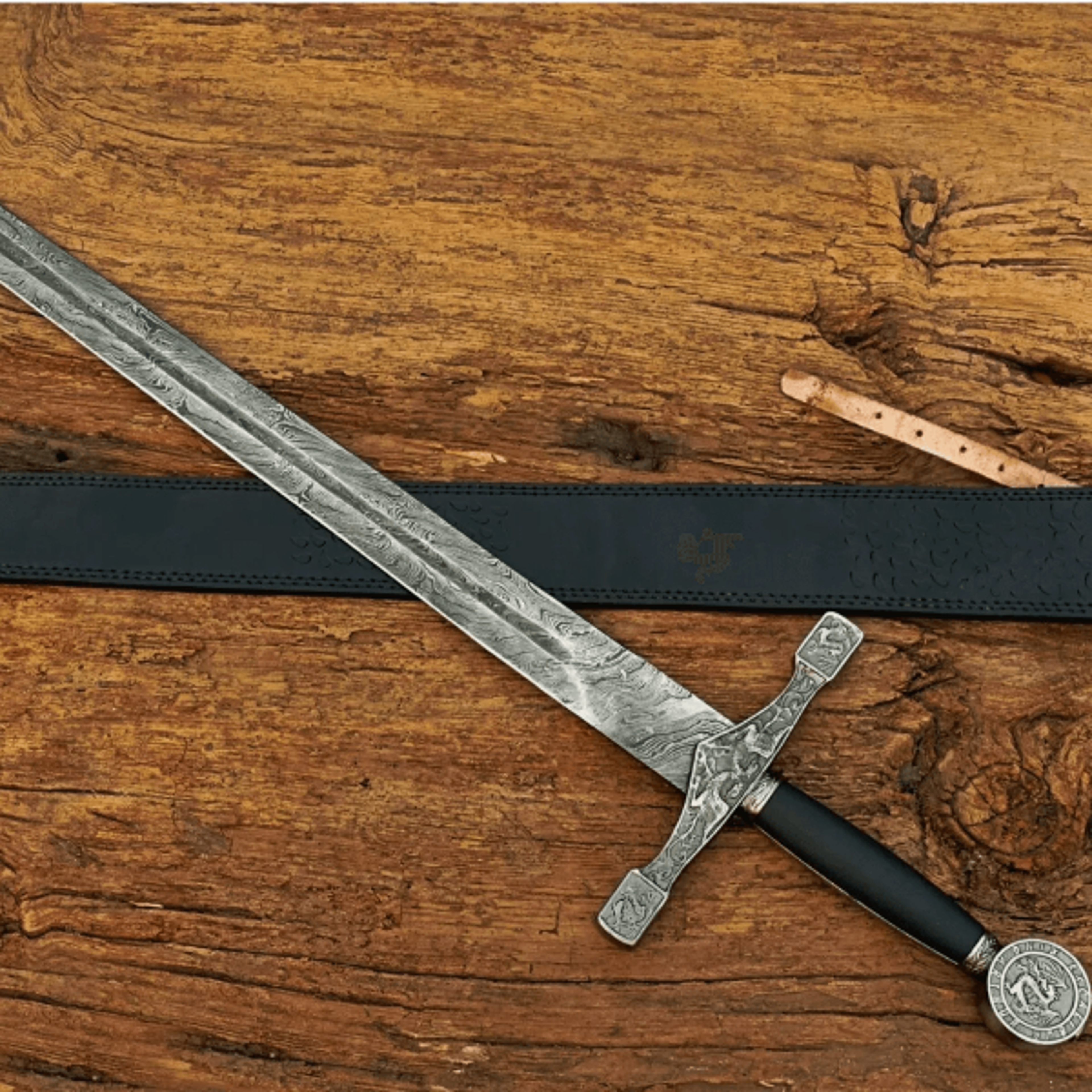 handcrafted damascus steel excalibur sword - king arthurs legacy with leather sheath