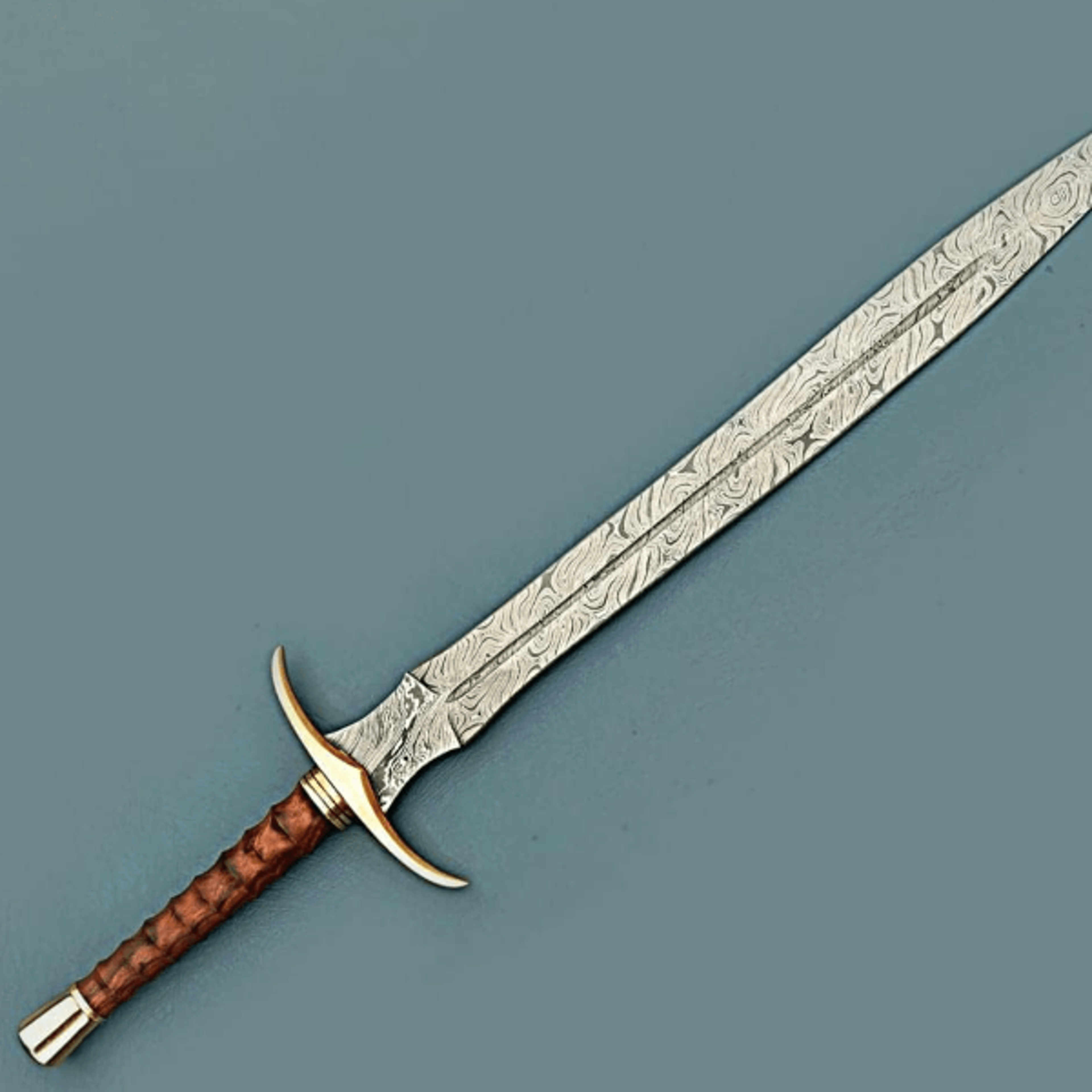 handmade damascus steel viking sword - medieval templar design with leather sheath