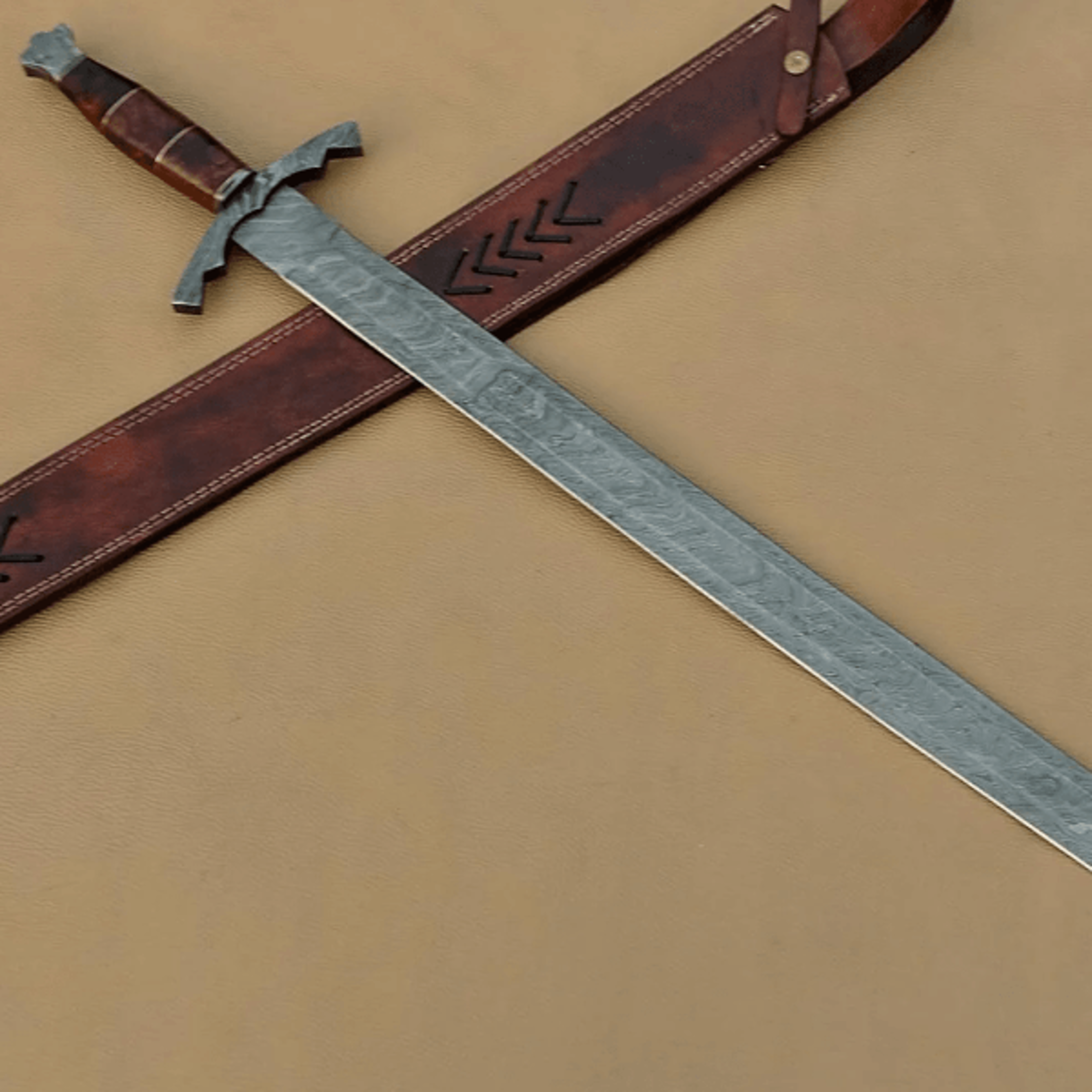 elite handmade damascus viking sword - rosewood handle & templar cross pommel