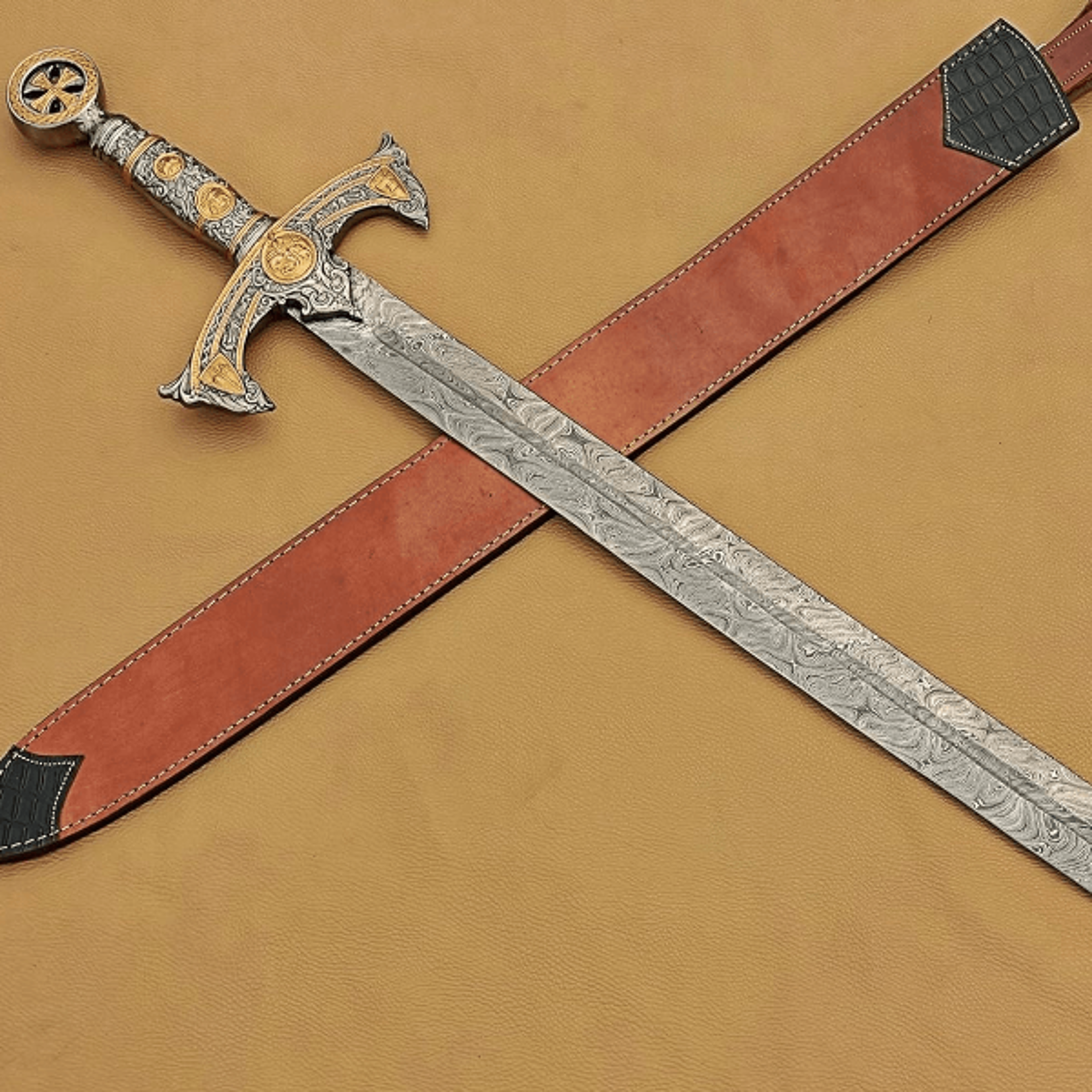 medieval templar knights damascus sword - holy longsword with golden cross pommel & leather sheath