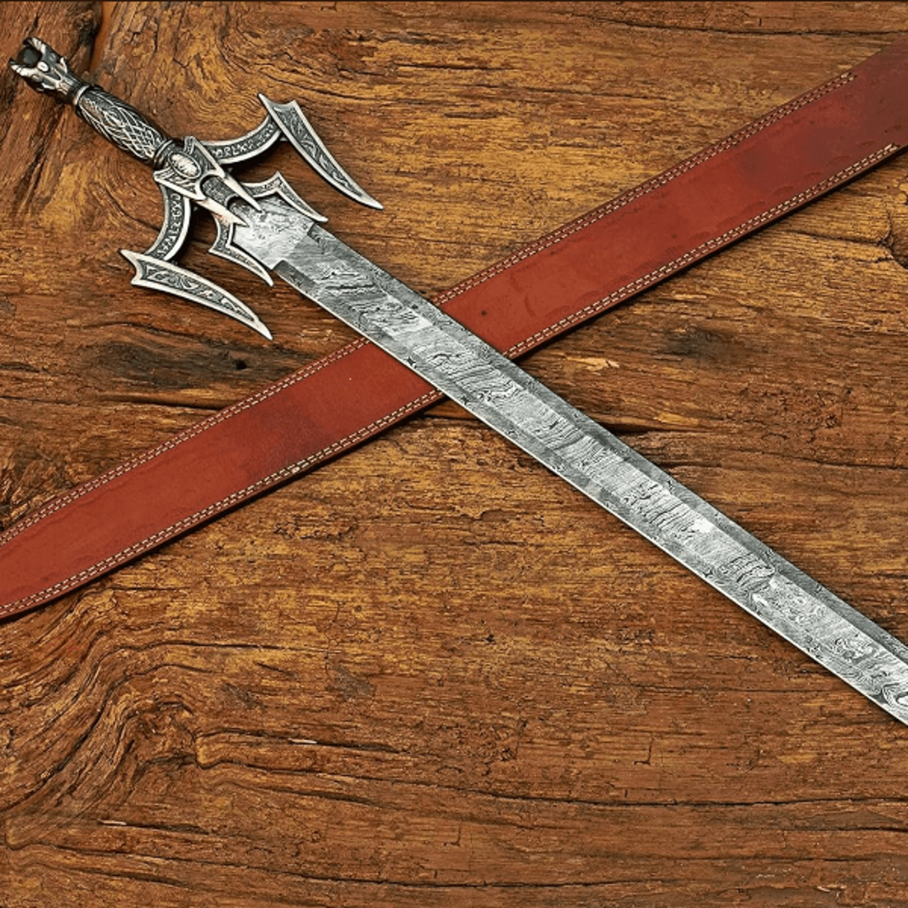 medieval barbarian damascus steel sword - hand forged double edge blade with leather sheath