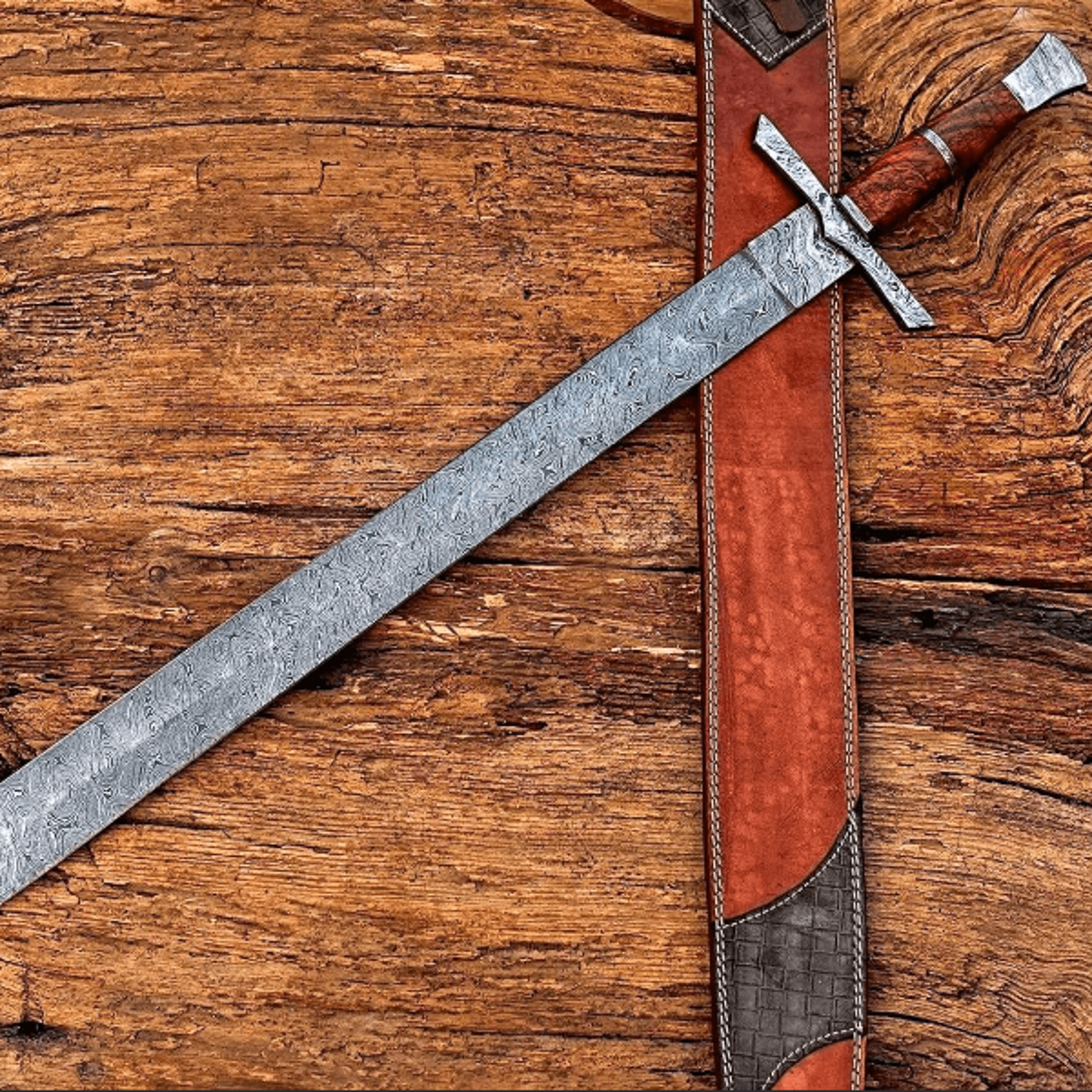 29-inch viking warrior damascus steel sword - handcrafted medieval double edge with rosewood handle