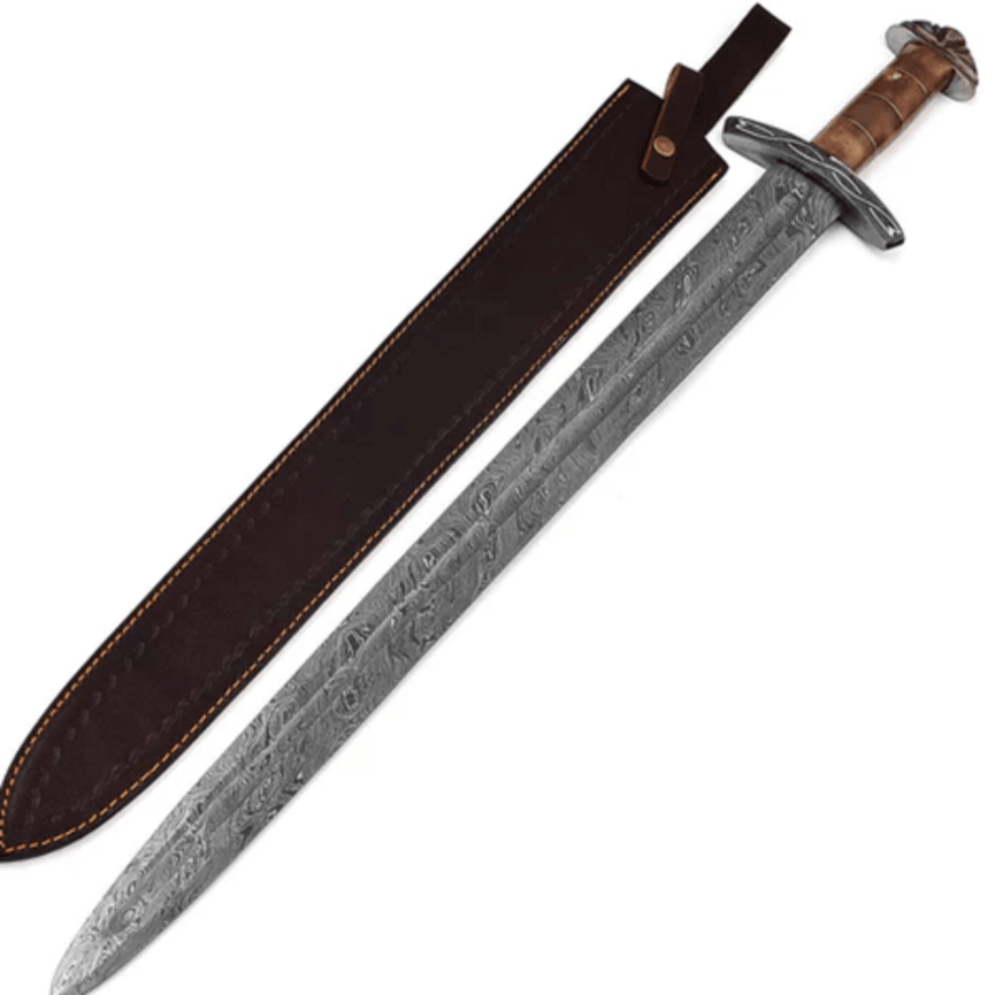 ancient warrior's damascus steel sword - authentic viking design with sheath