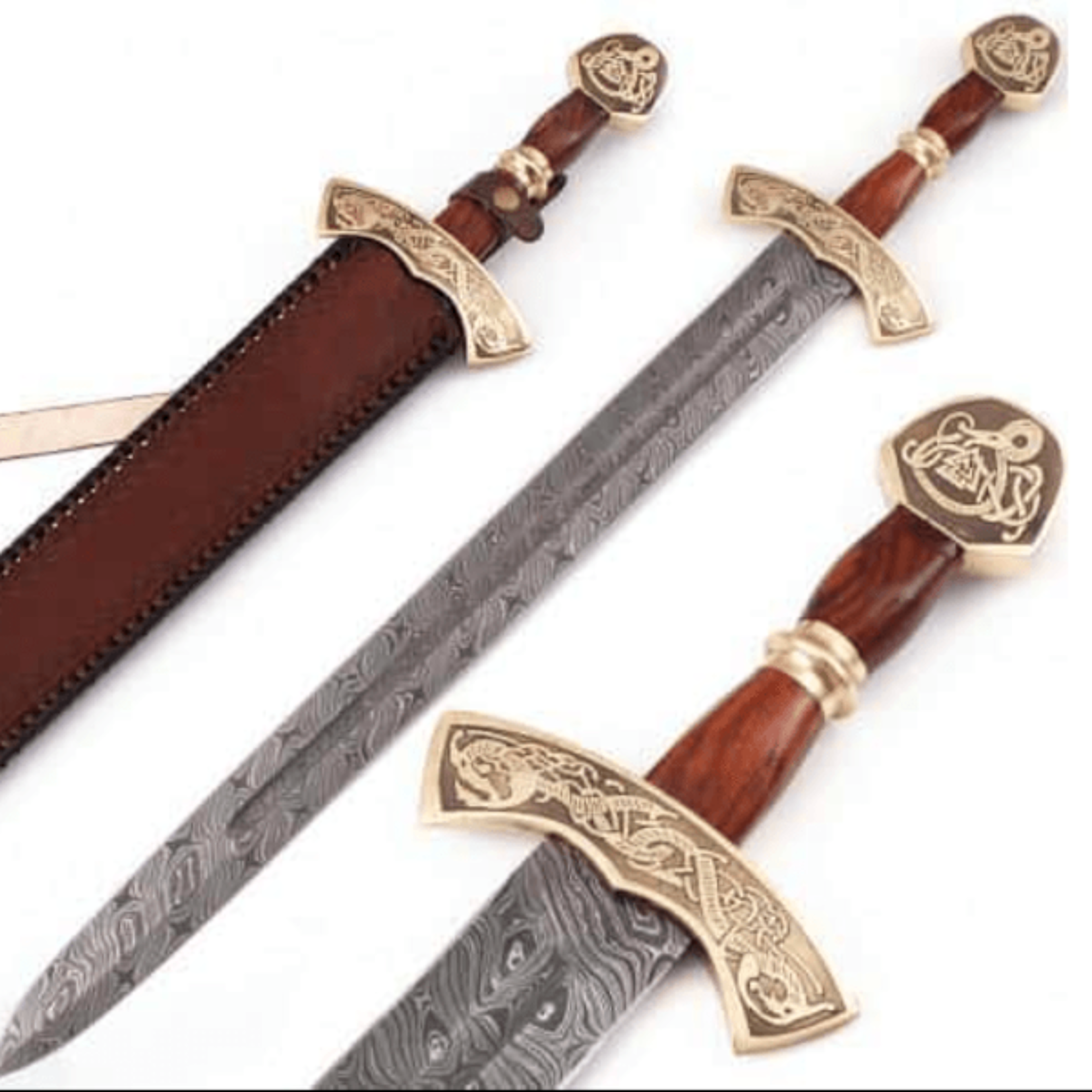 damascus steel carolingian sword - viking-inspired blade with brass hilt