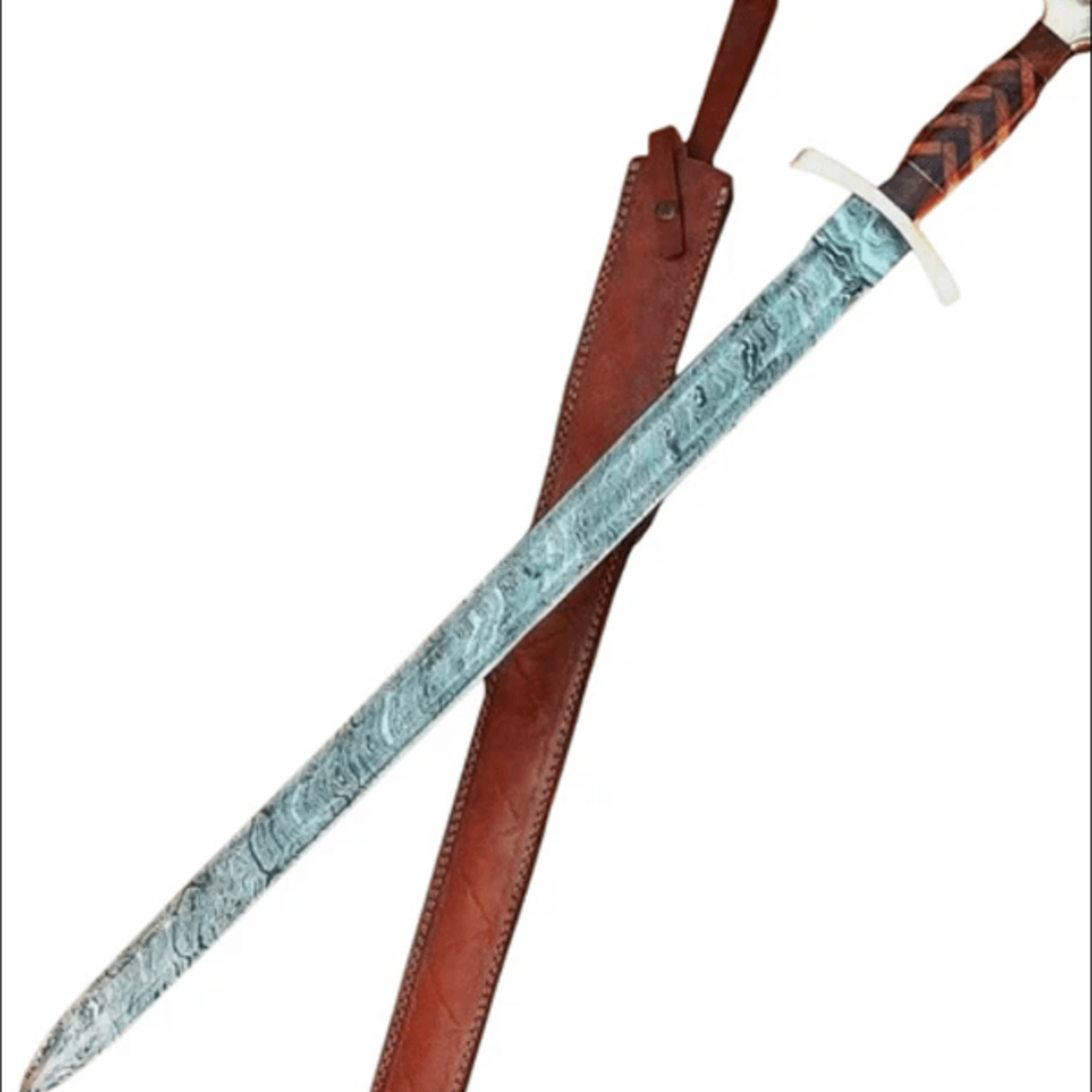 39 inches damascus steel viking sword with leather sheath