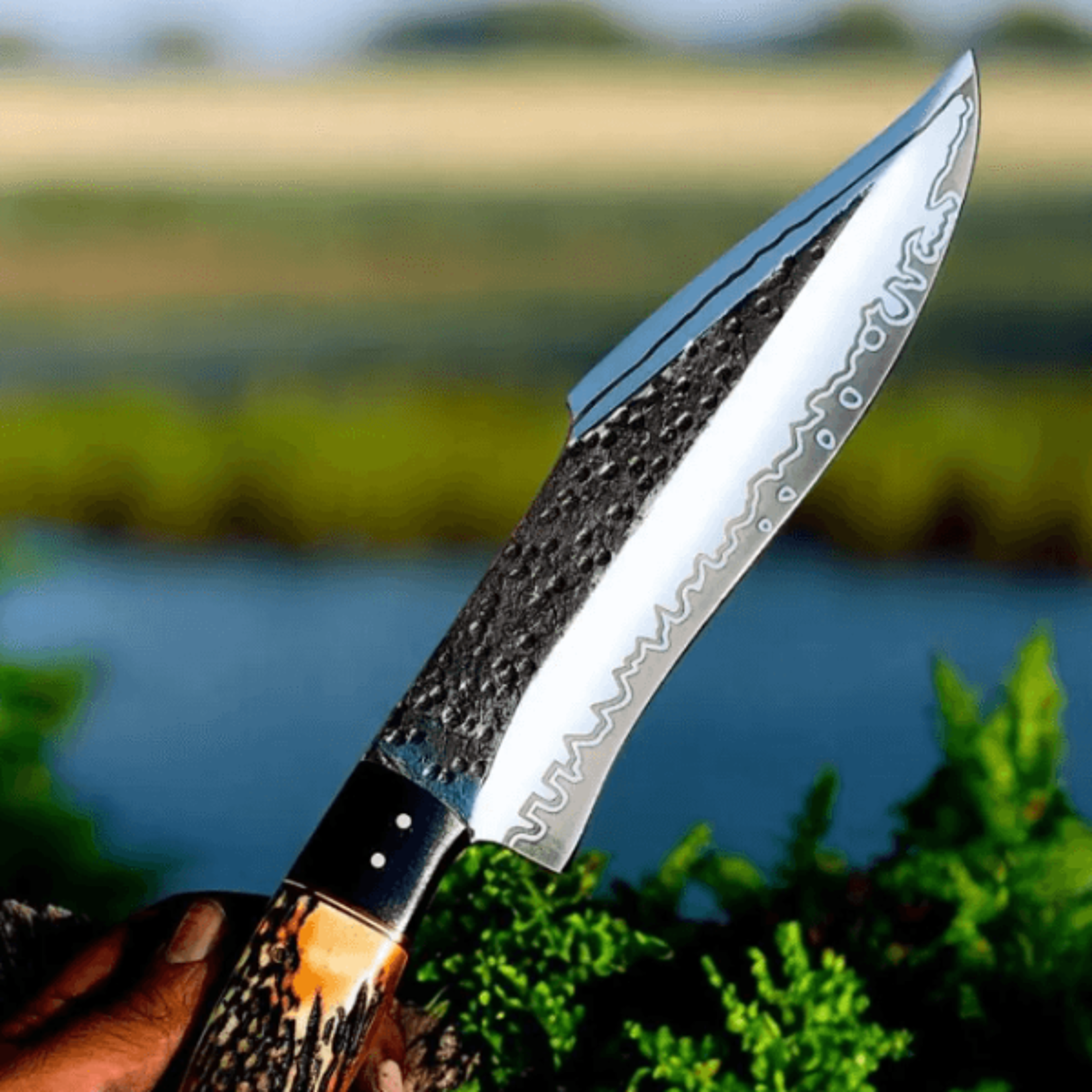hand-forged stag handle bowie knife | 13" high carbon steel outdoor blade + leather sheath | bushcraft & hunting knife