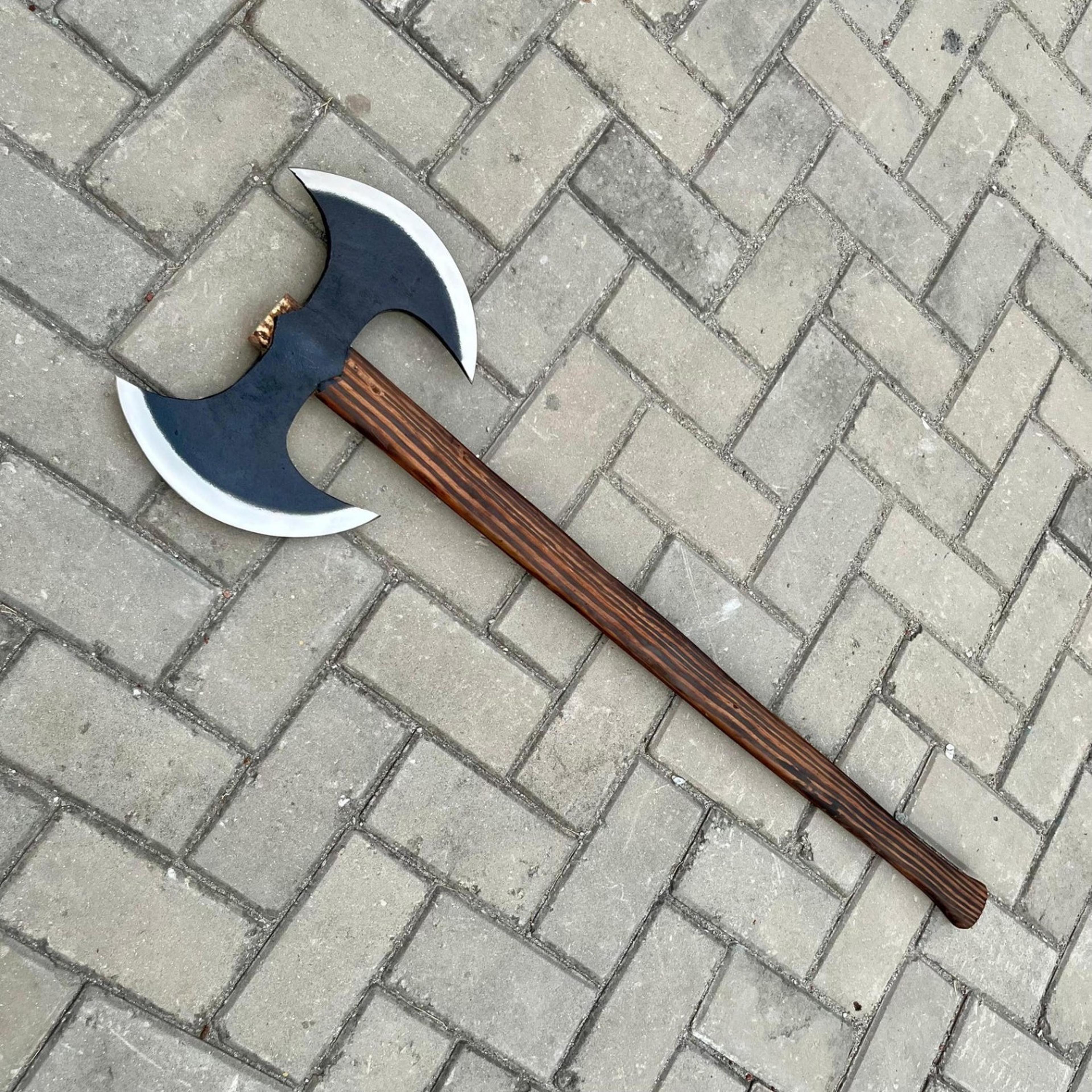 36in handmade double crescent battle axe hand forged steel head wood handle custom viking display axe