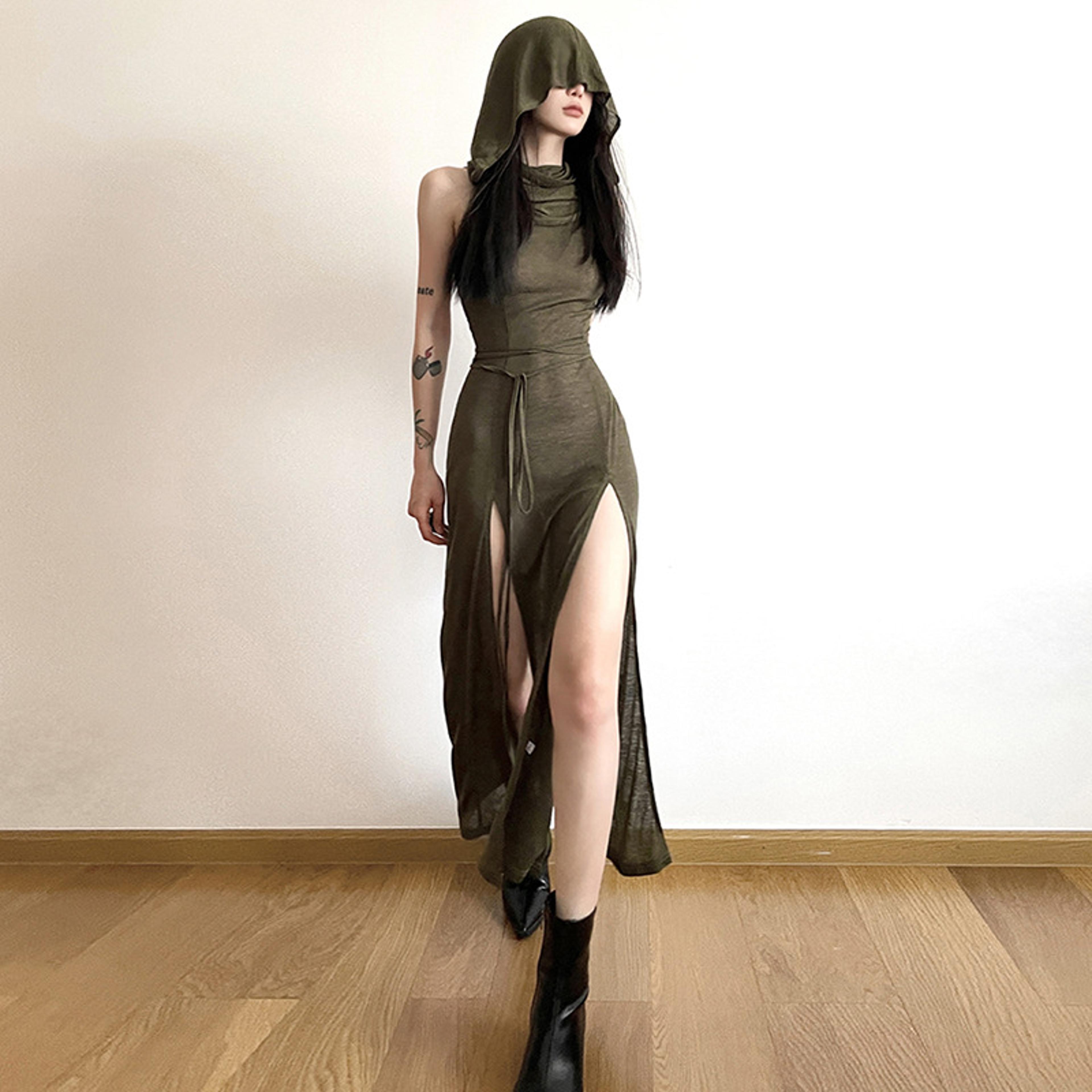 sexy european and american style sleeveless hooded dress, long split hollow out, pure color womens gown for elegant