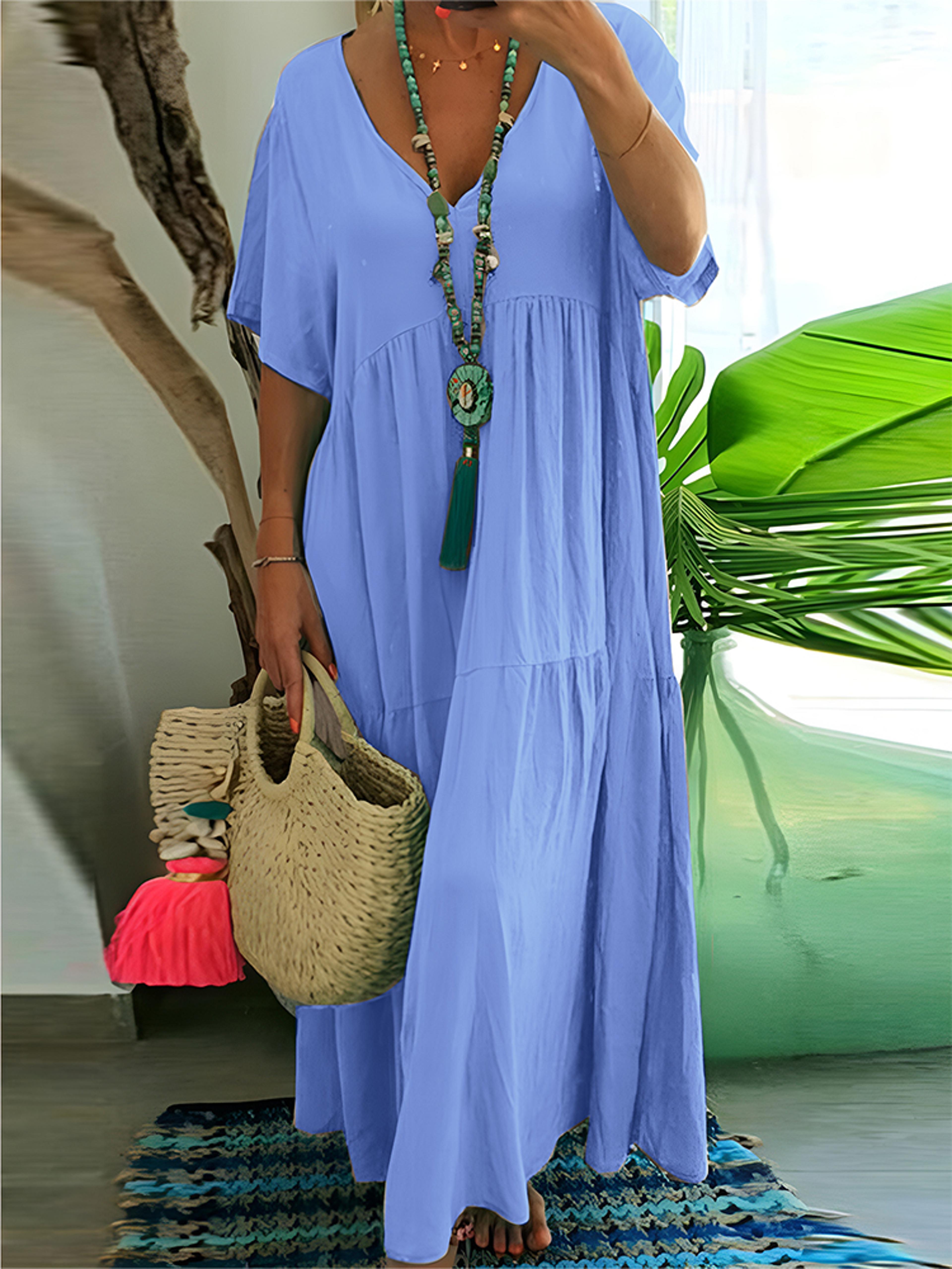 women's dress plus size casual loose v-neck solid long pleated spring summer dress