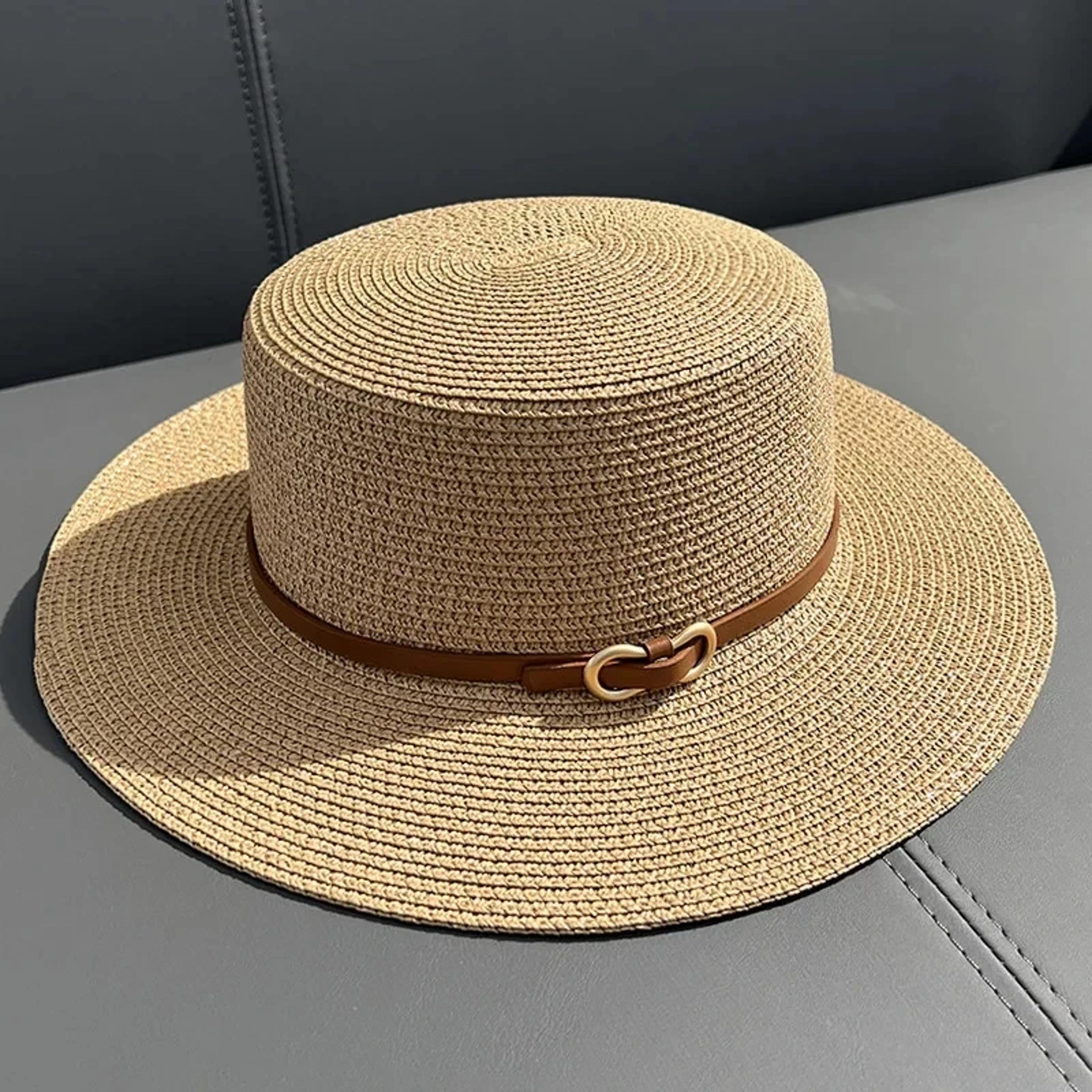 Womens Straw Beach Hat With Bow Flat Brim Panama Sun Hat 2