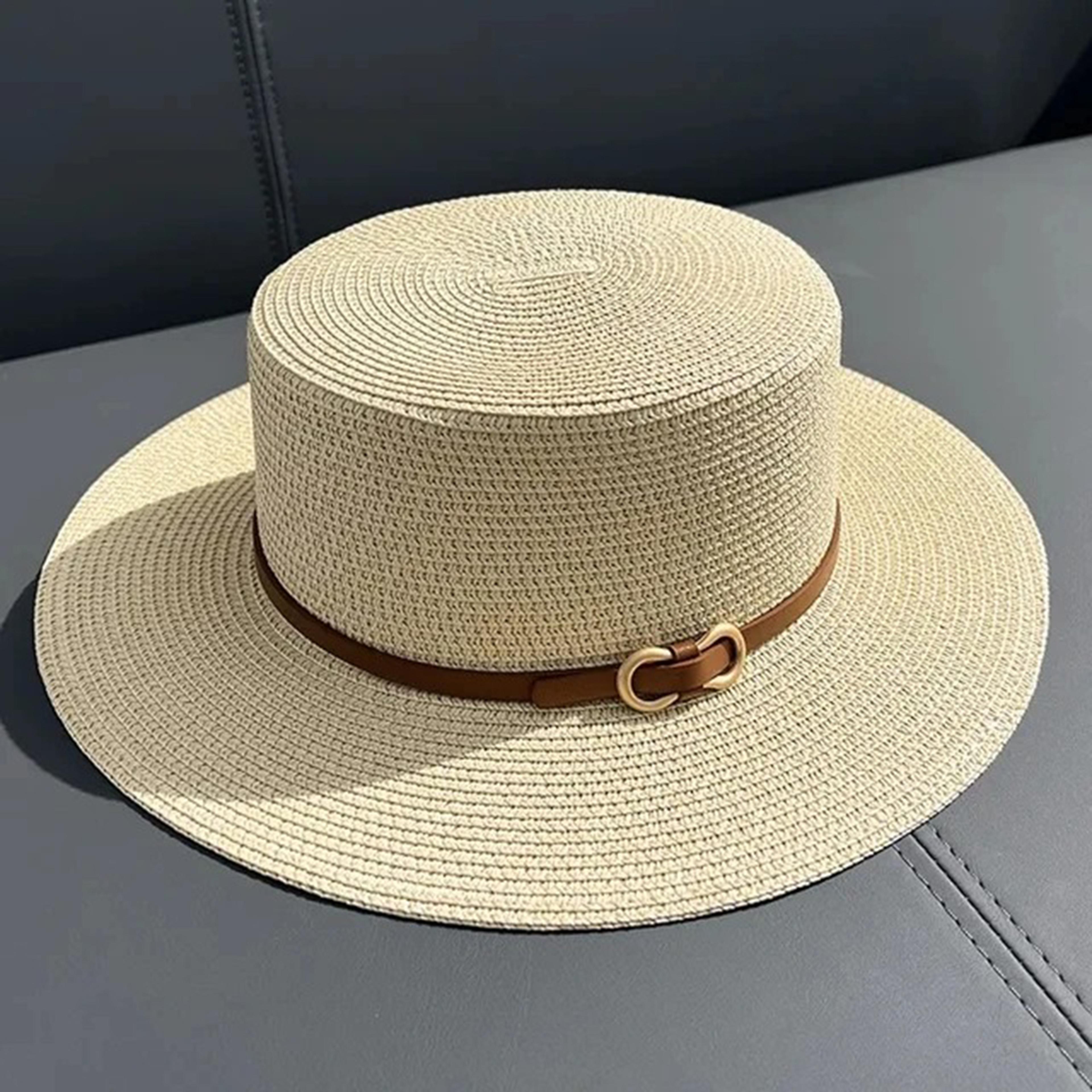 Womens Straw Beach Hat With Bow Flat Brim Panama Sun Hat 5