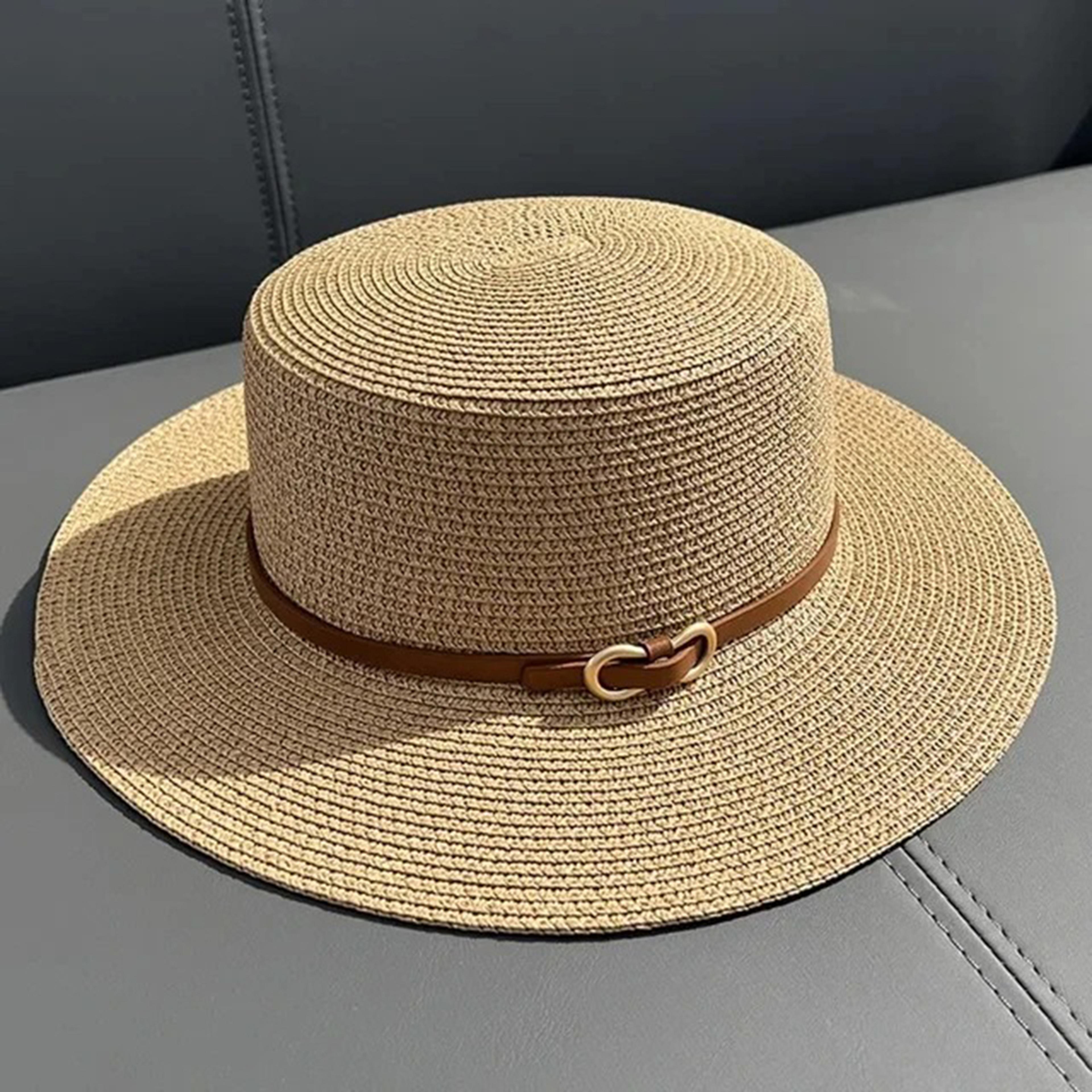 Womens Straw Beach Hat With Bow Flat Brim Panama Sun Hat 7