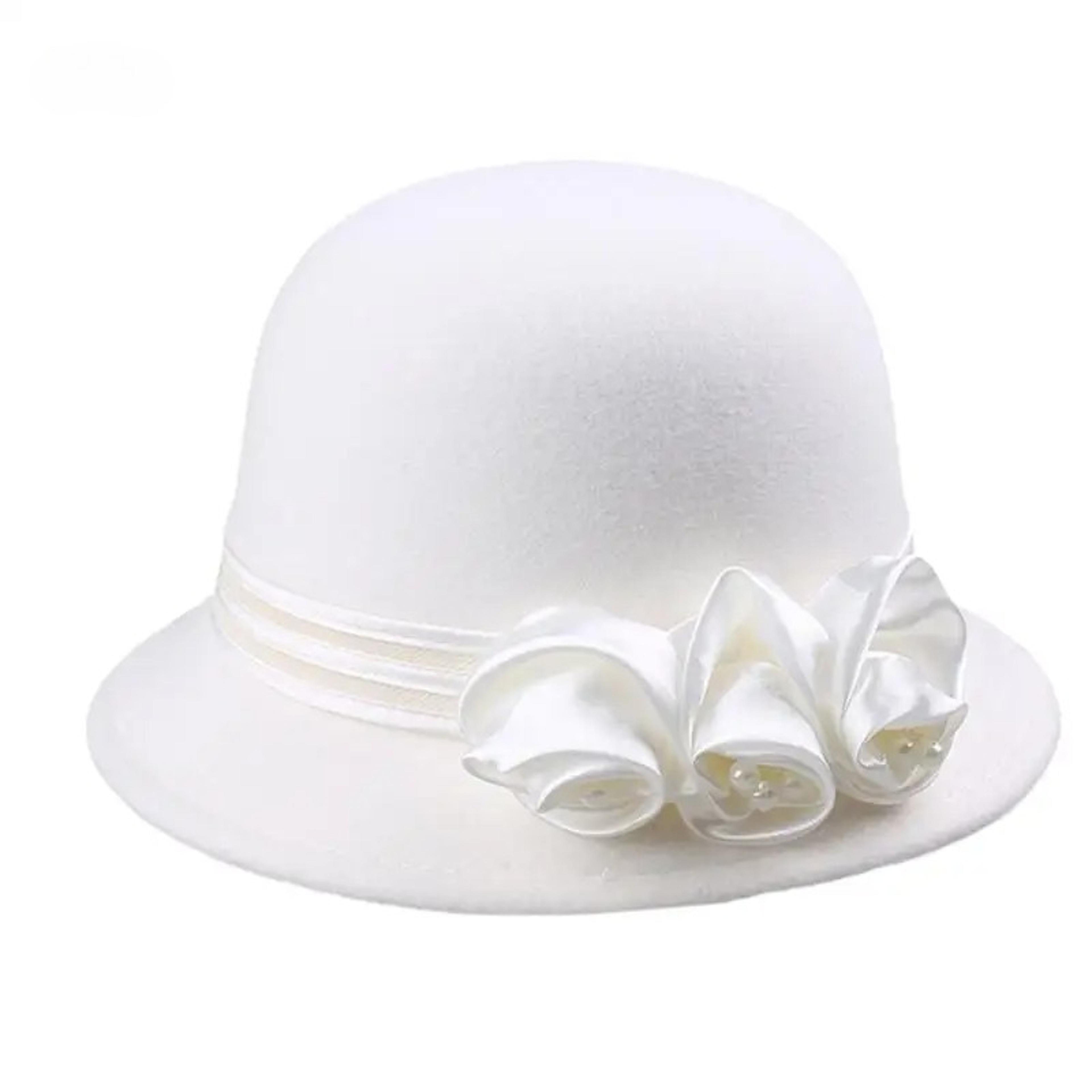 Elegant Rose Pearl Wool Church Hat For Women 8