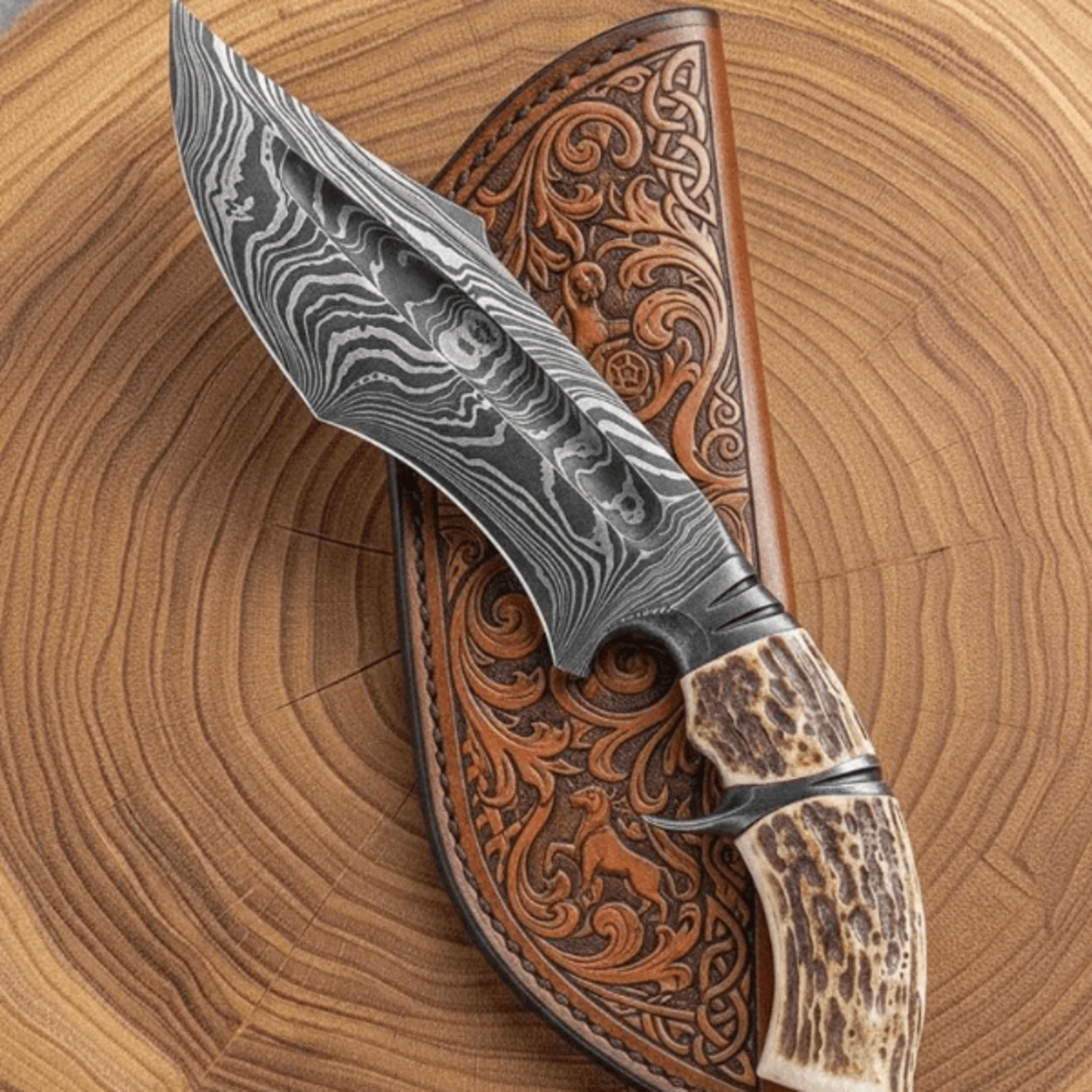 10 inch damascus hunting bowie knife | genuine stag antler handle | full tang outdoor survival knife with leather sheath