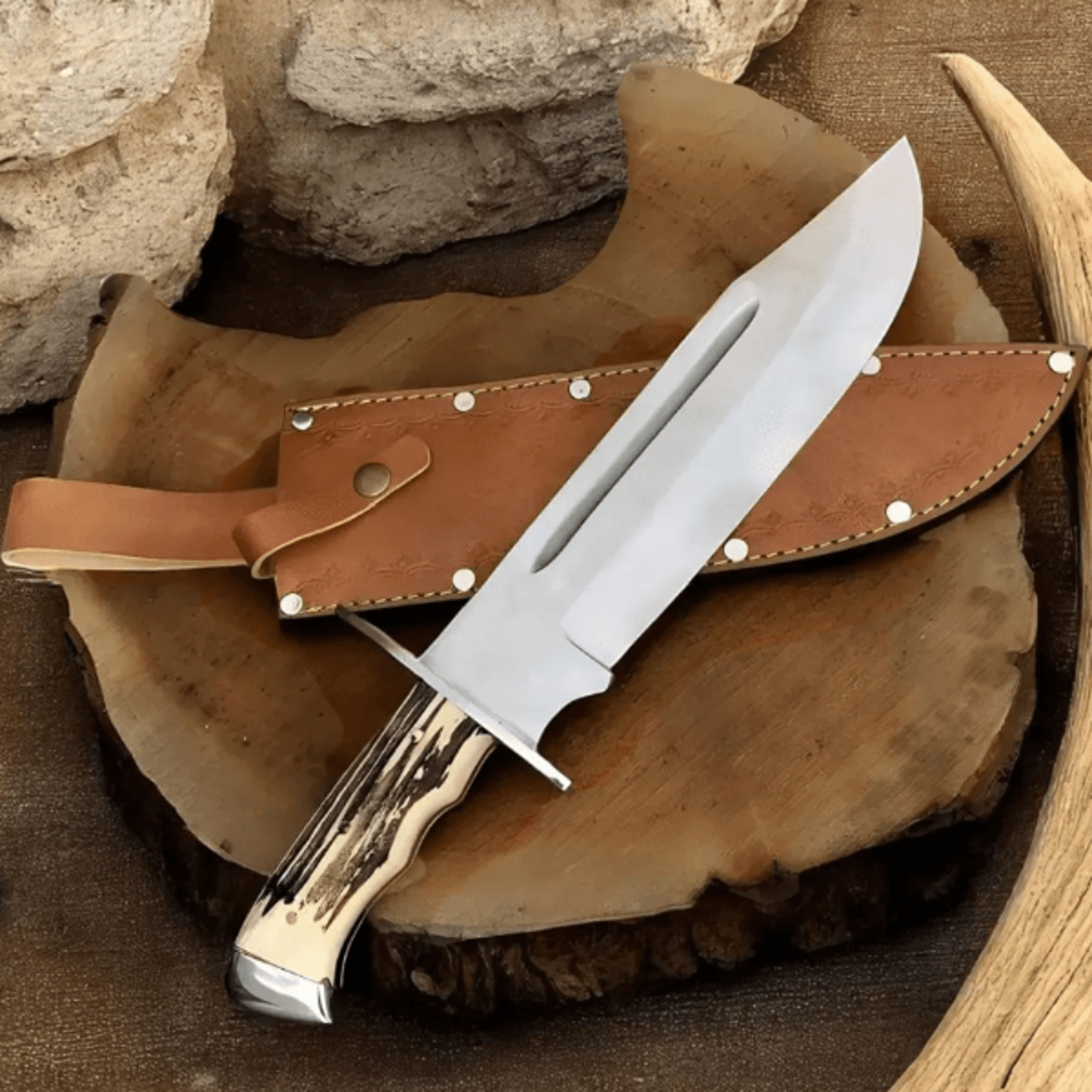 premium d2 steel bowie knife | 15" collector blade with stag horn handle + leather sheath | handmade hunting knife