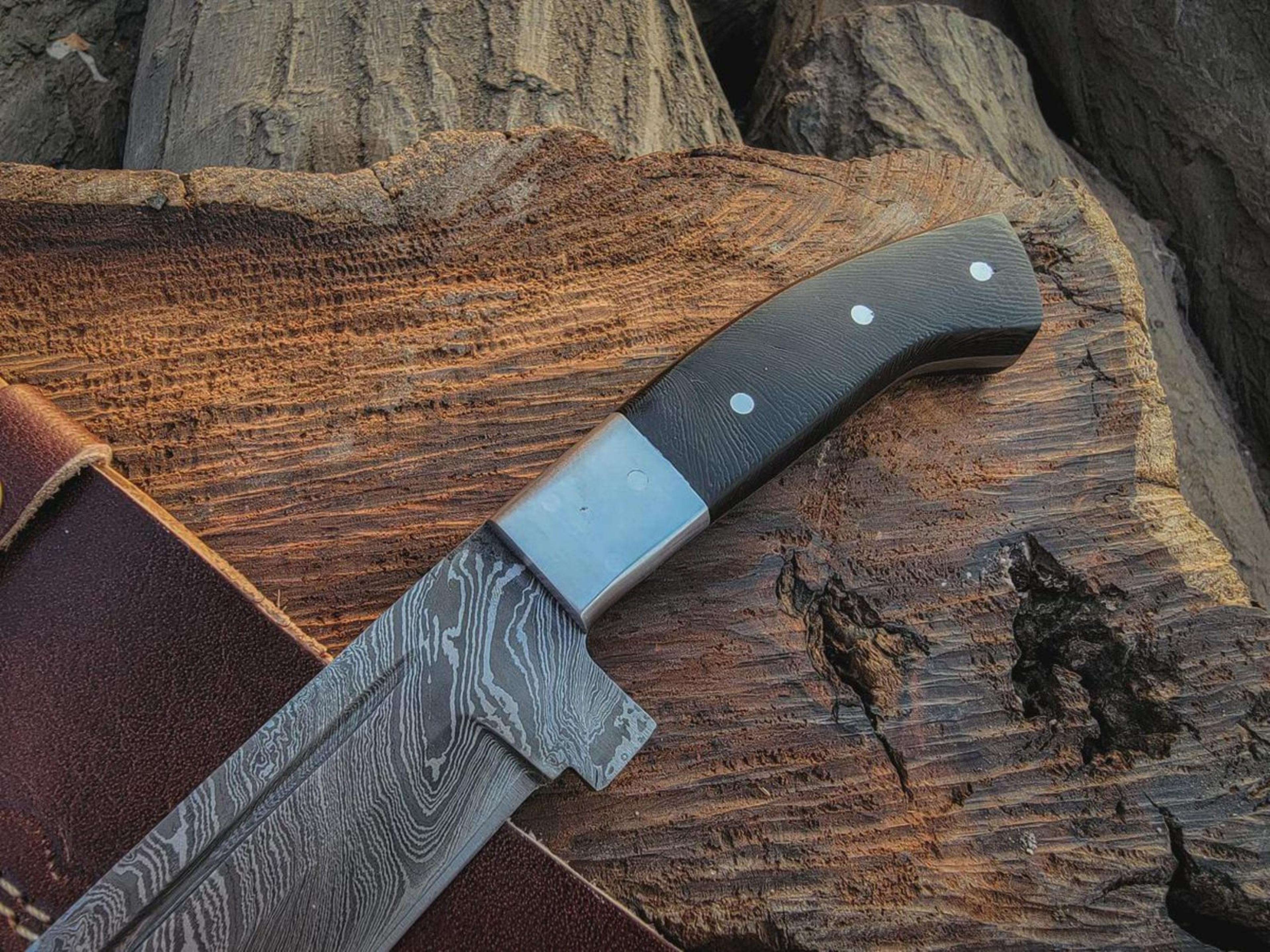 Custom Damascus Steel Machete Wood Handle Fixed Blade With Leather Sheath 3