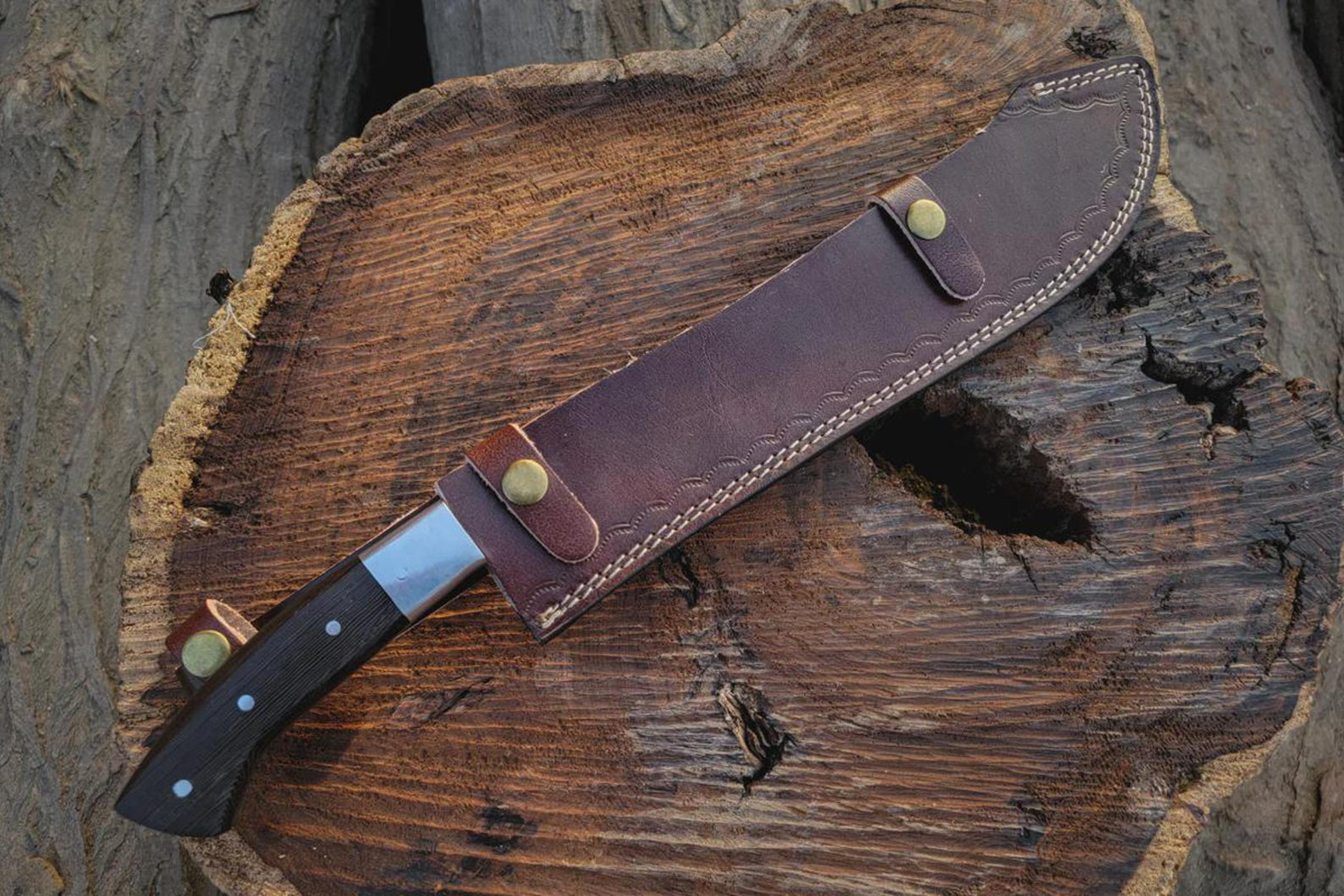 Custom Damascus Steel Machete Wood Handle Fixed Blade With Leather Sheath 6