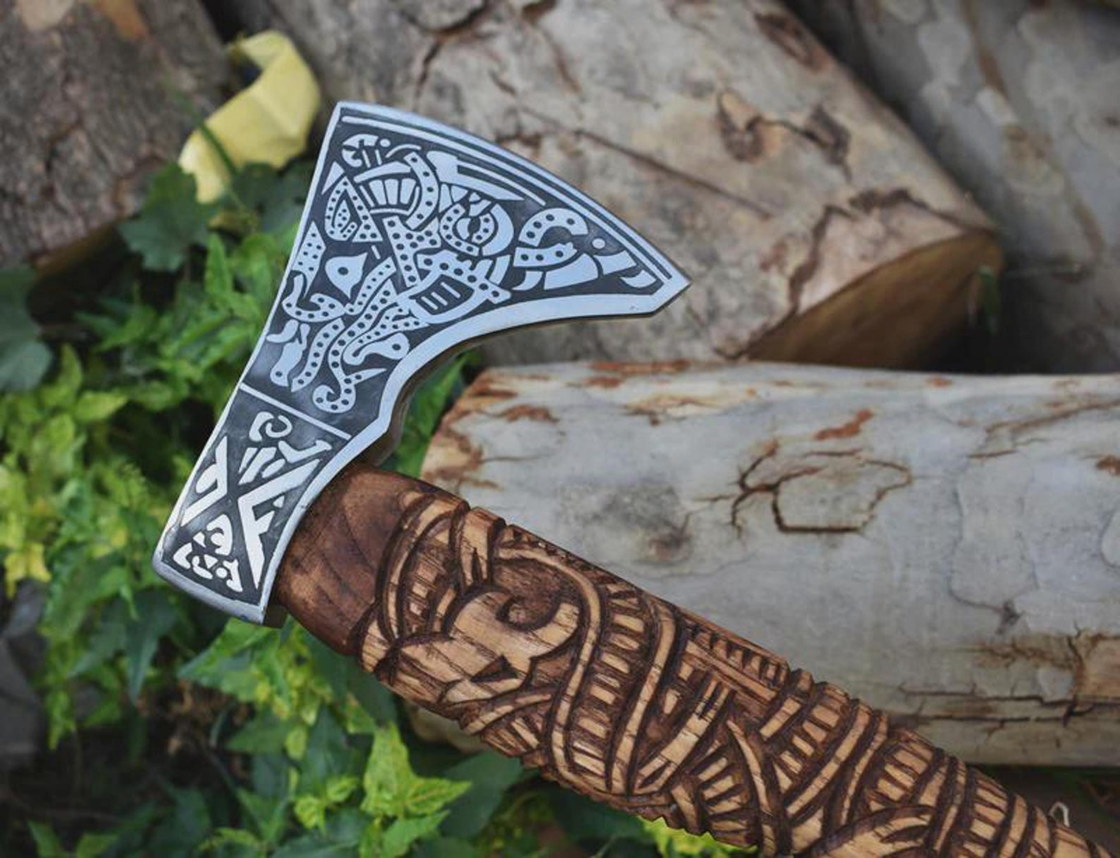 Handmade Engraved High Carbon Viking Axe Hatchet Leather Sheath Norse Gift For Men  Norse Axe 3
