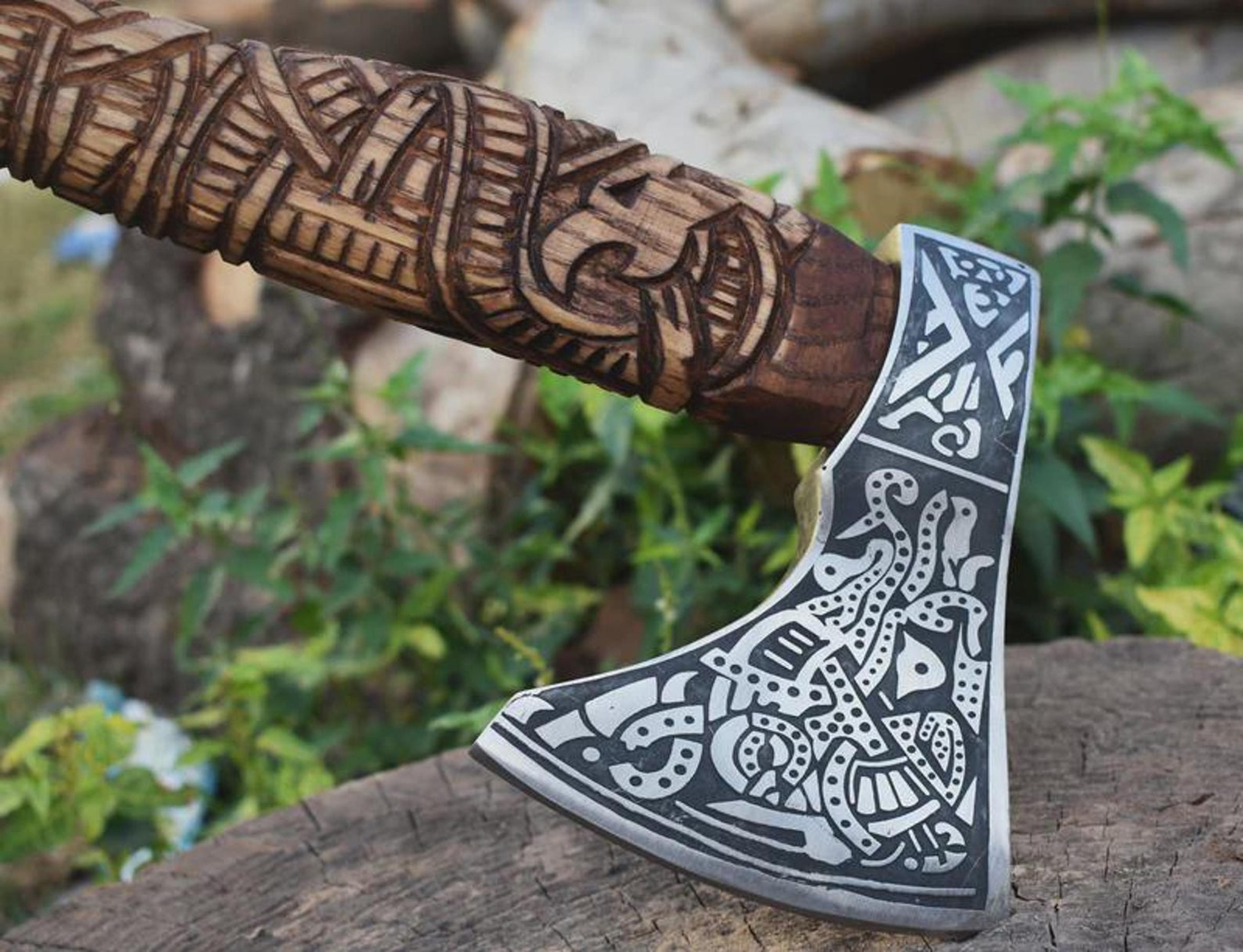 Handmade Engraved High Carbon Viking Axe Hatchet Leather Sheath Norse Gift For Men  Norse Axe 4