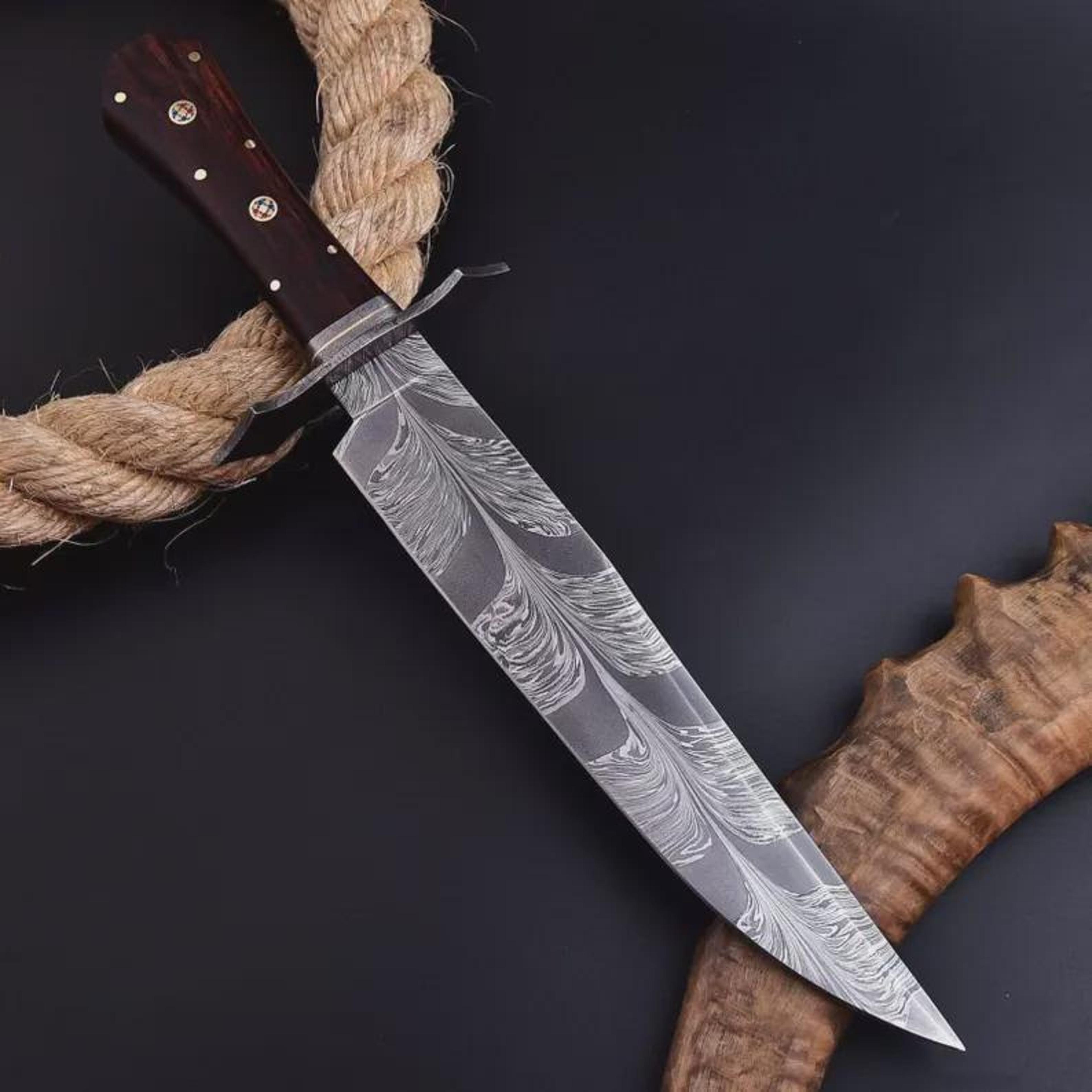 Unique Handcrafted Damascus Steel Knife With Rosewood Handle And Leather Sheath  Perfect For Collec