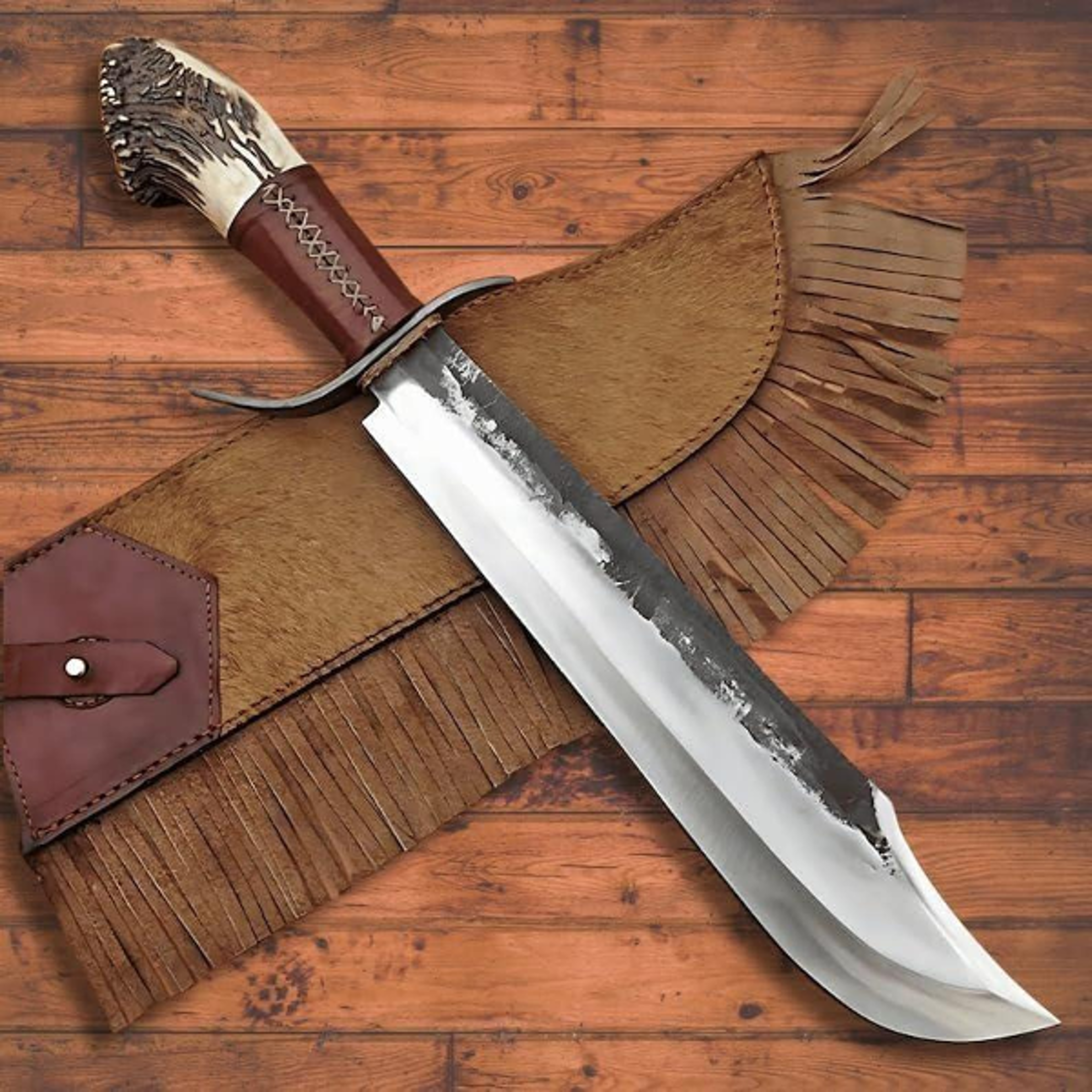 handcrafted stag crown bowie knife with high carbon steel blade and traditional design