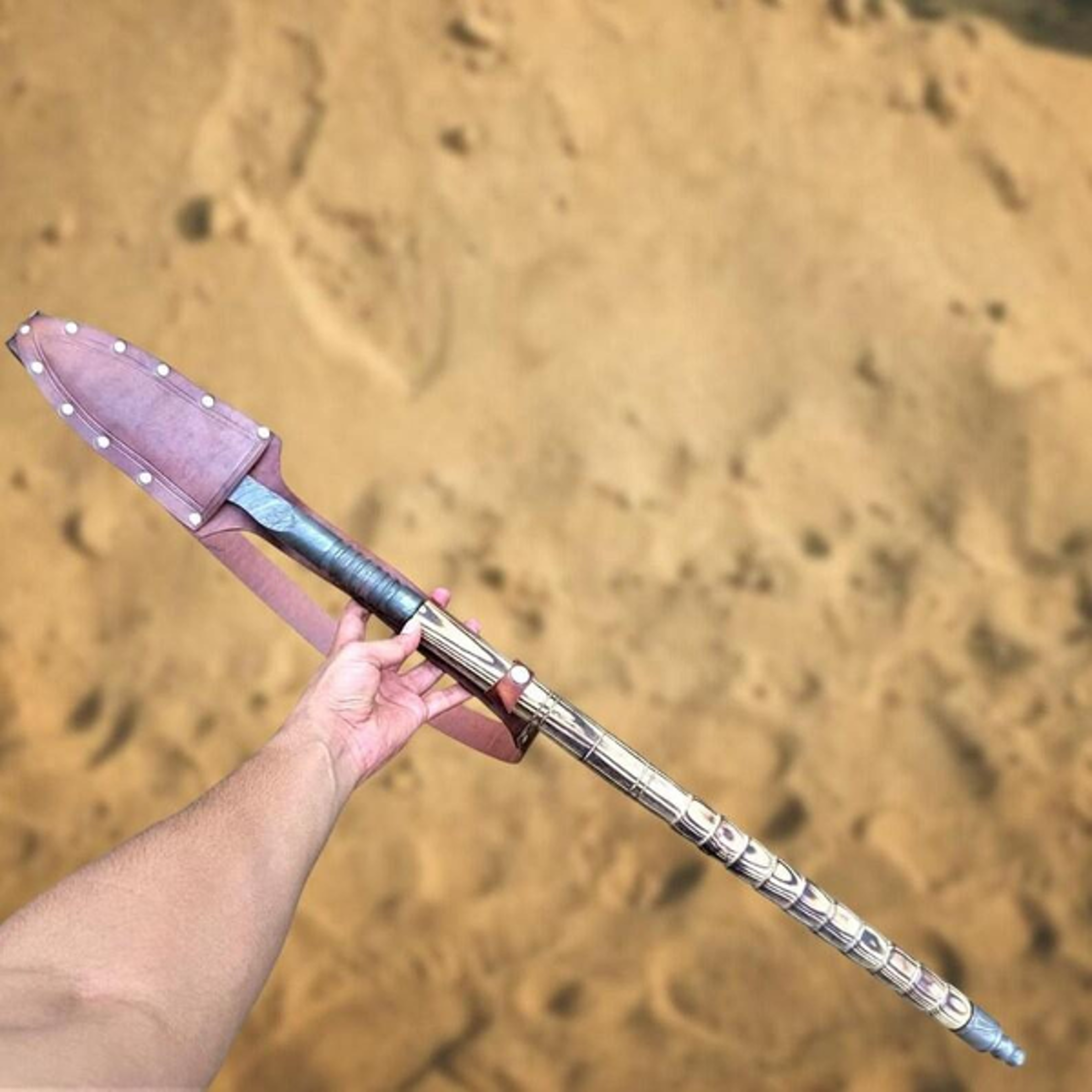 handmade damascus steel spear for decorative and collector use - unique pattern-welded blade and leather sheath included