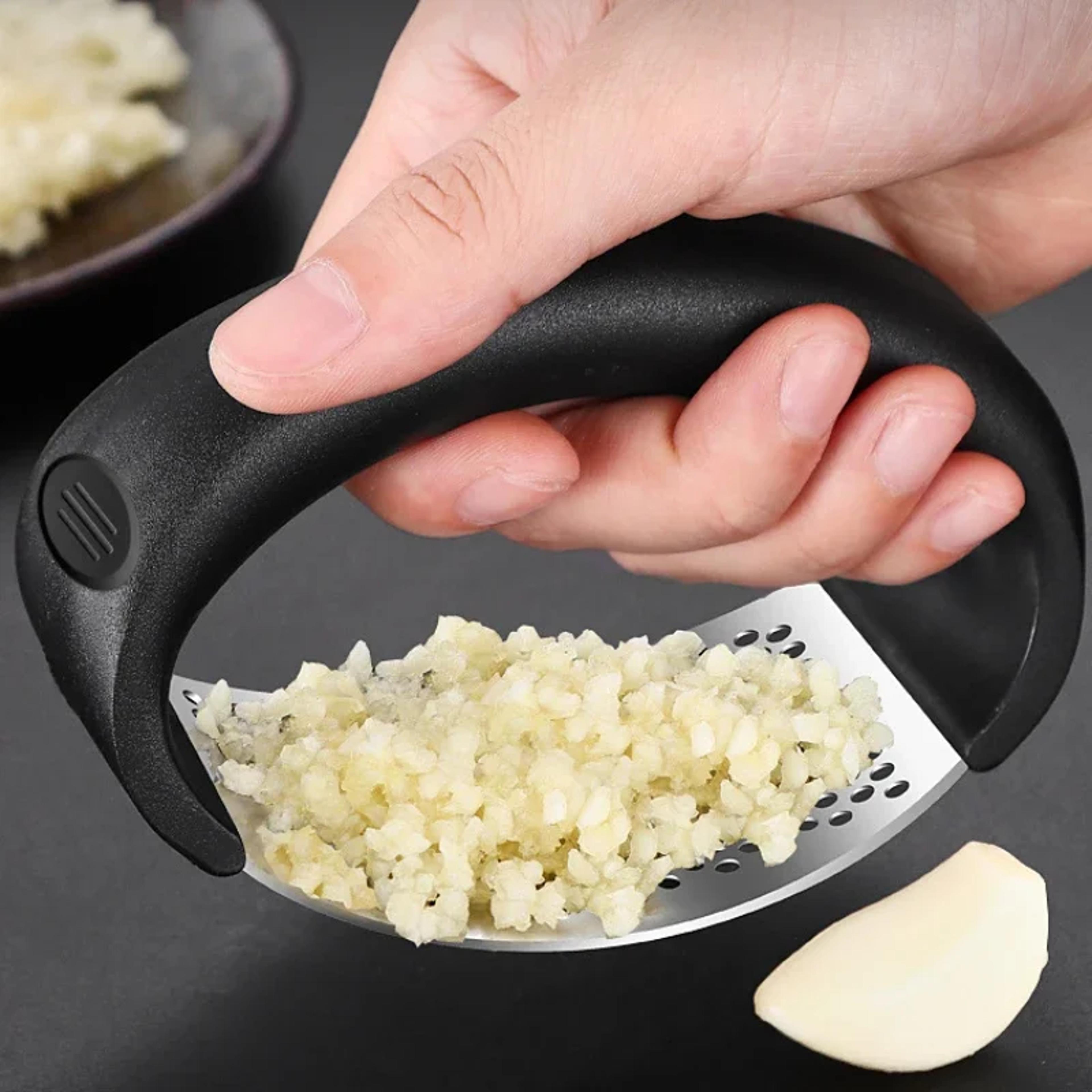 stainless steel garlic press, easy clean garlic crusher, labor saving kitchen gadget, household garlic mashing tool
