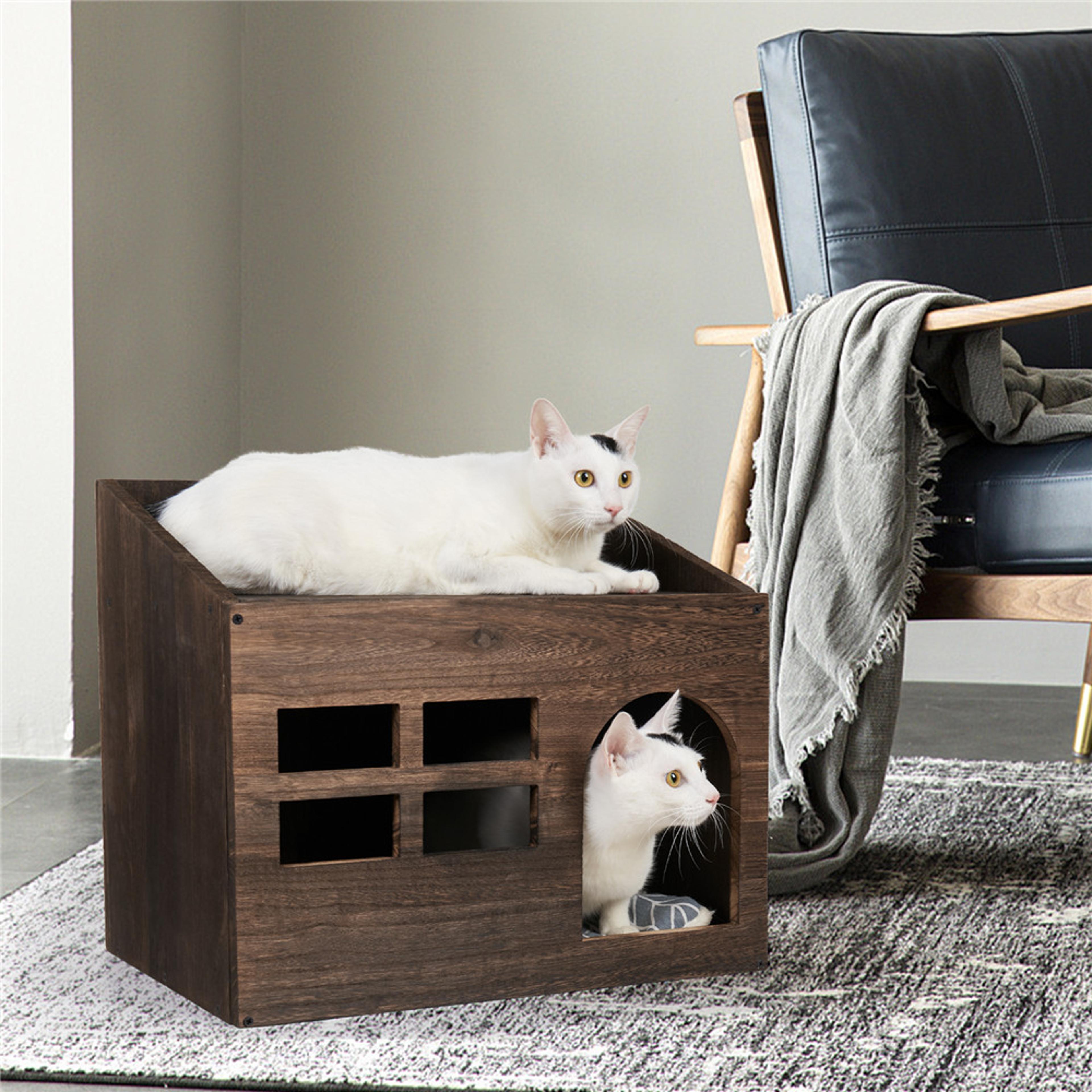 durable wooden cat cave bed, kitten sleep lounge with cushion pad