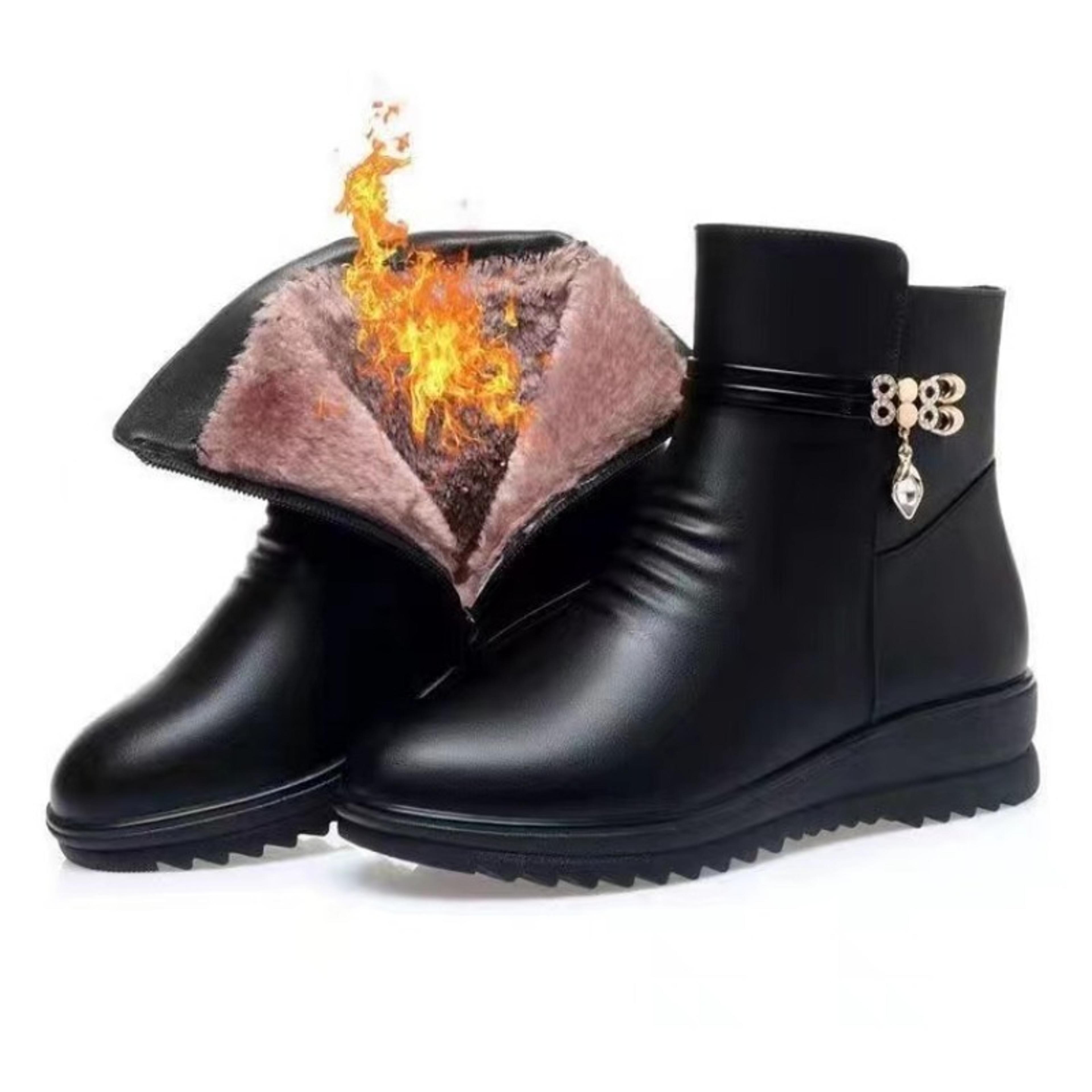 leather women snow boots, winter boots with wool lining, large size winter shoes