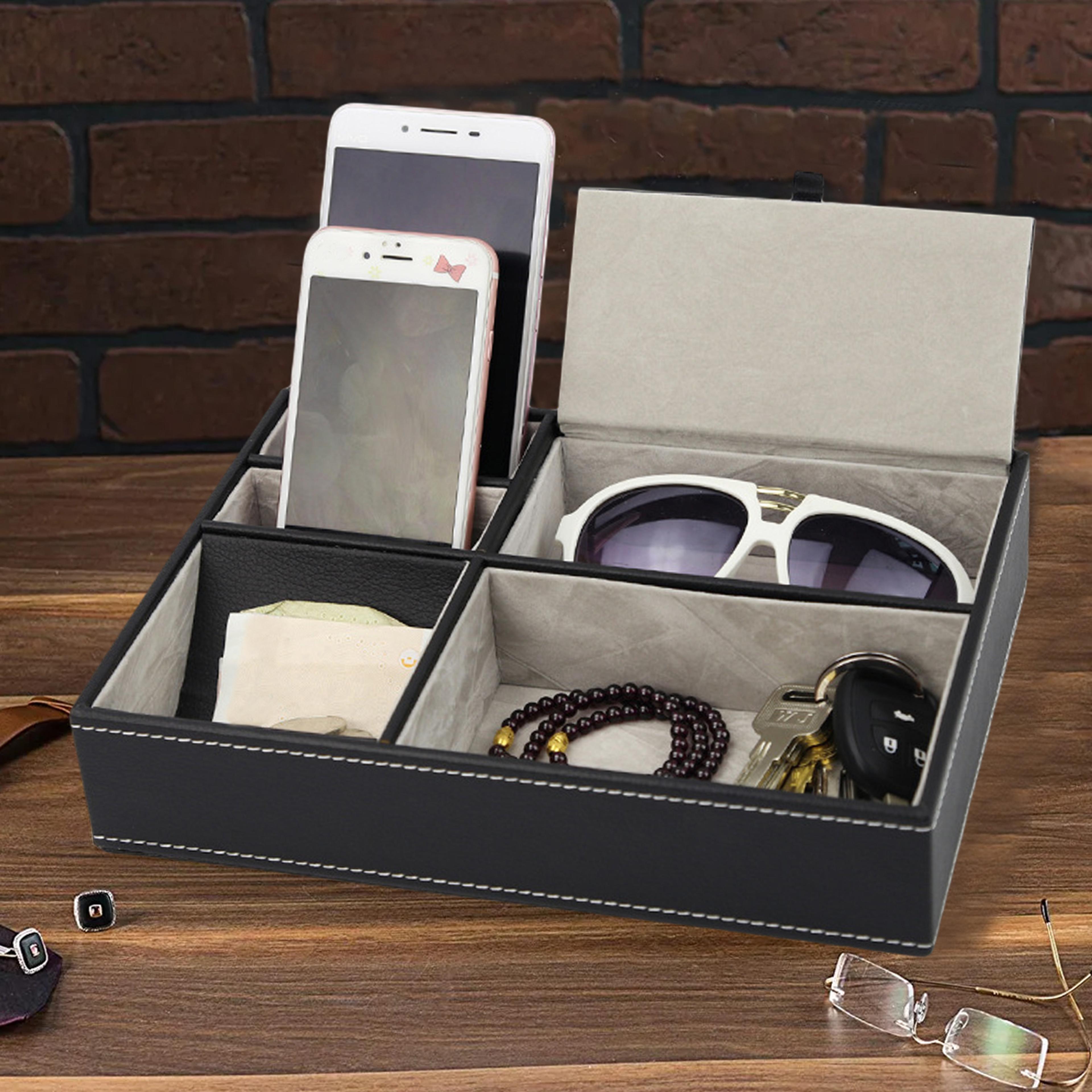leather men valet tray, office desktop storage box , multi functional bedside table organizer for desktop