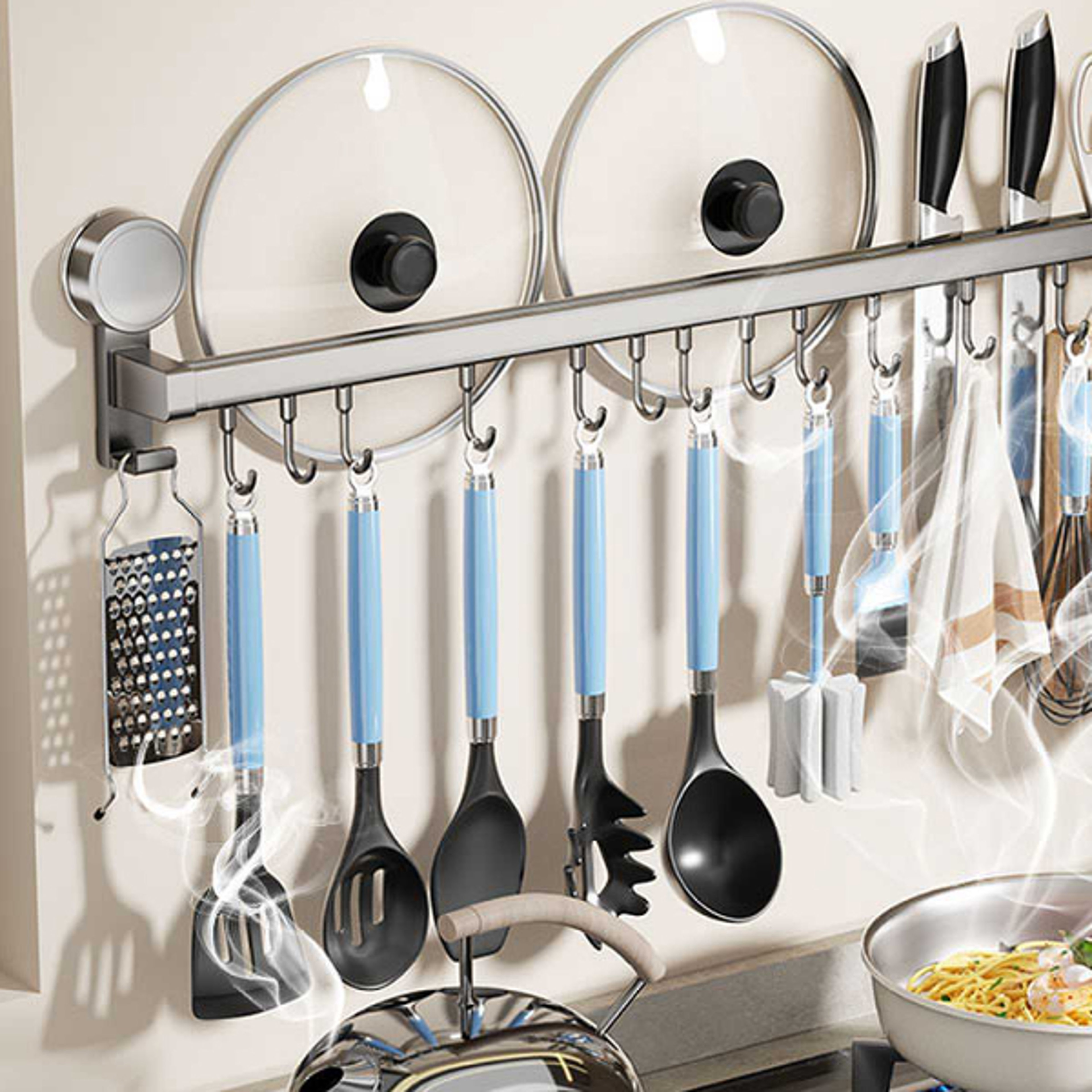 wall mounted kitchen hook rack, no-punching wall hangers, kitchen utensils rack, spoon shovel chopping board storage