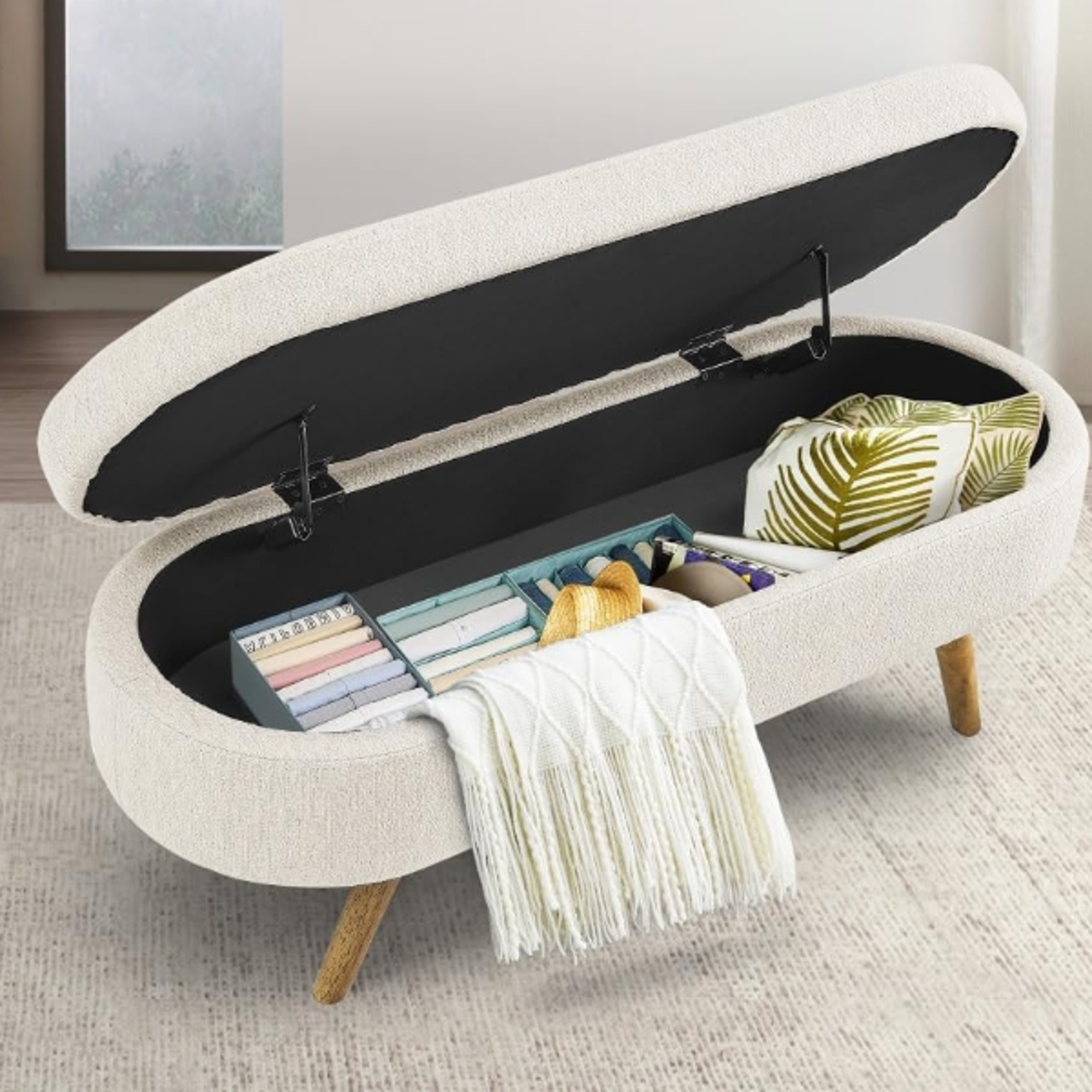 linen-covered storage ottoman bench, flip-top with safety hinges, stylish home storage solution