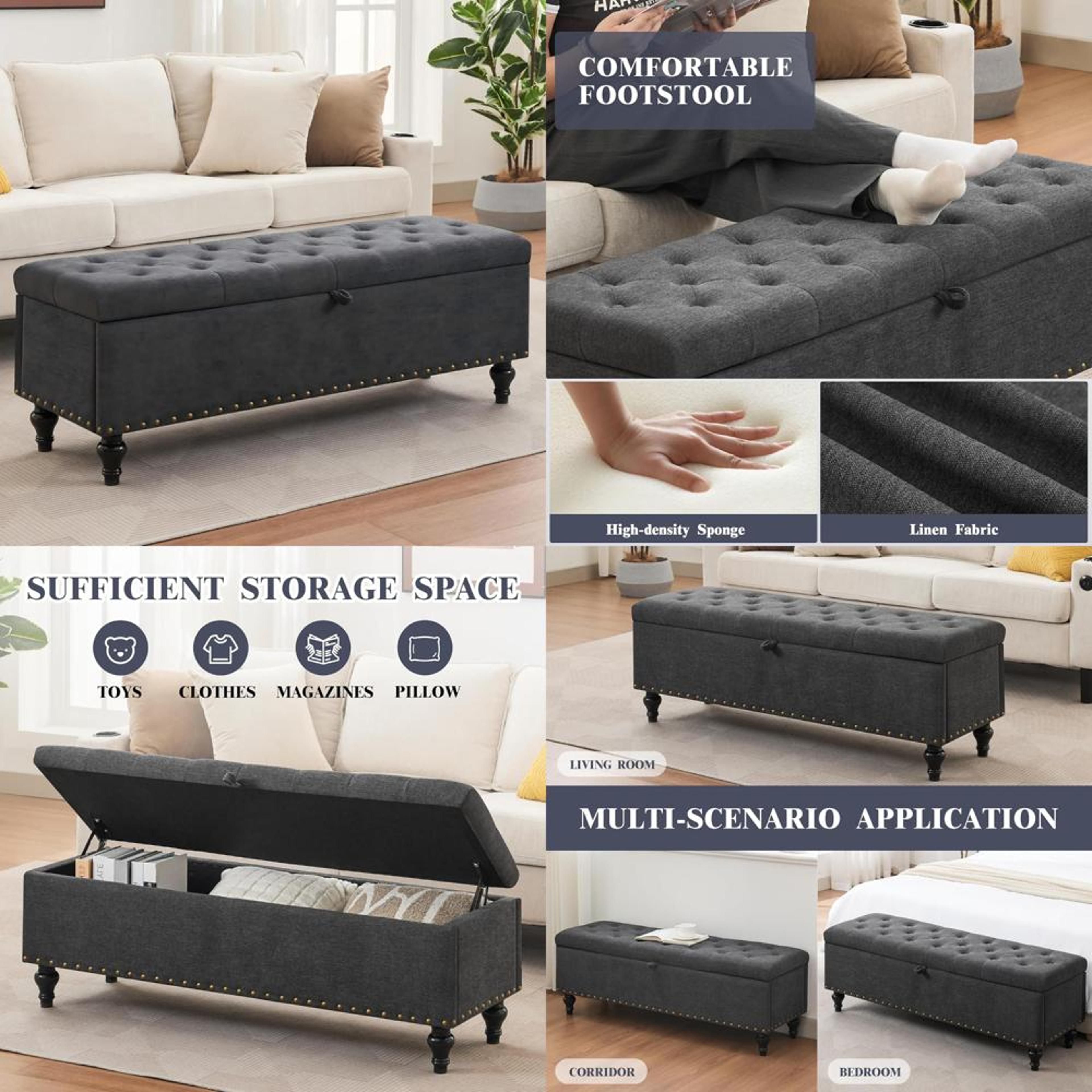 Large Upholstered Storage Ottoman Bench With Safety Hinges Spacious Capacity For Living Room Bedroo 1