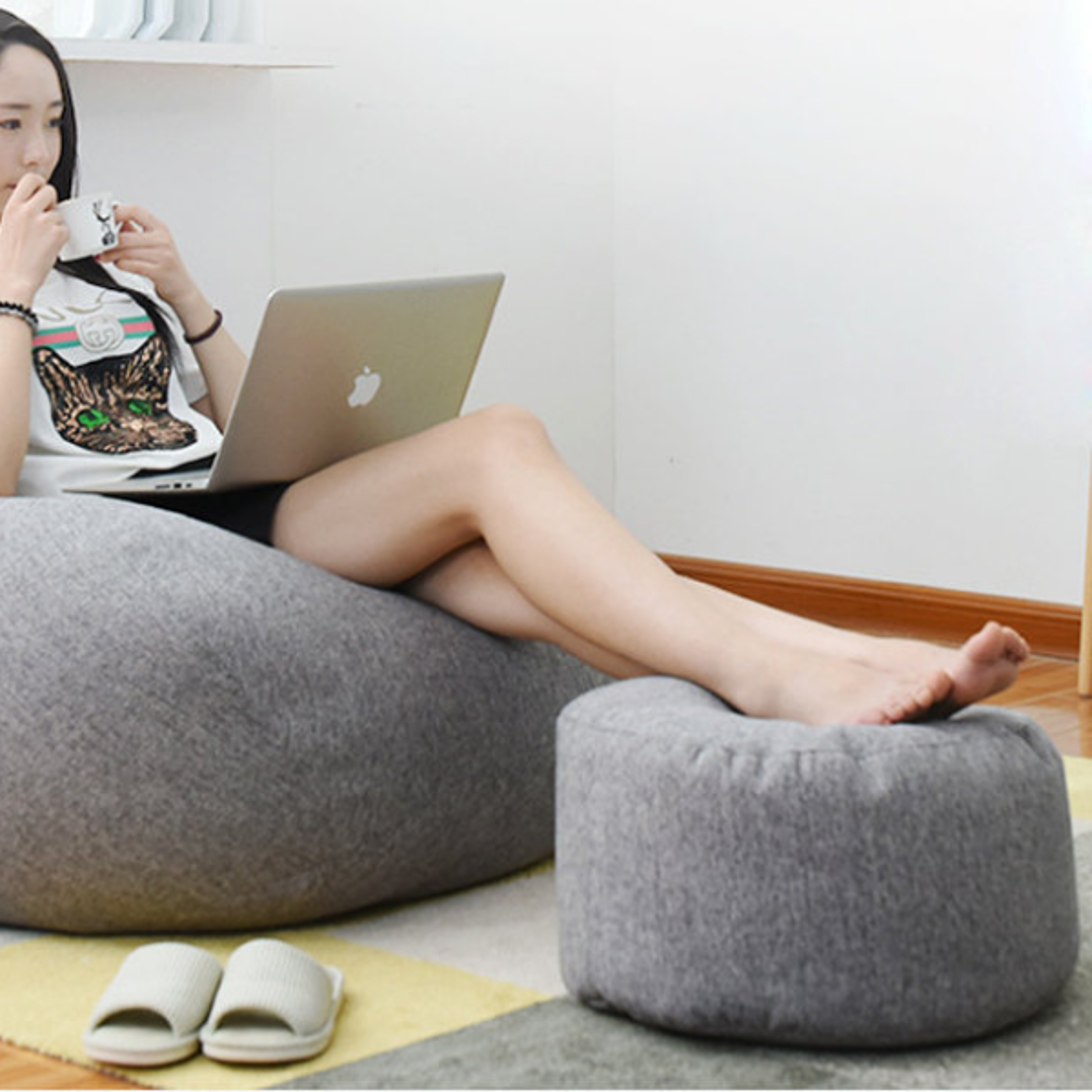 round stool, linen bean bag ottoman, filling beanbag pouf, footstool, tatami futon puff for living room or bedroom