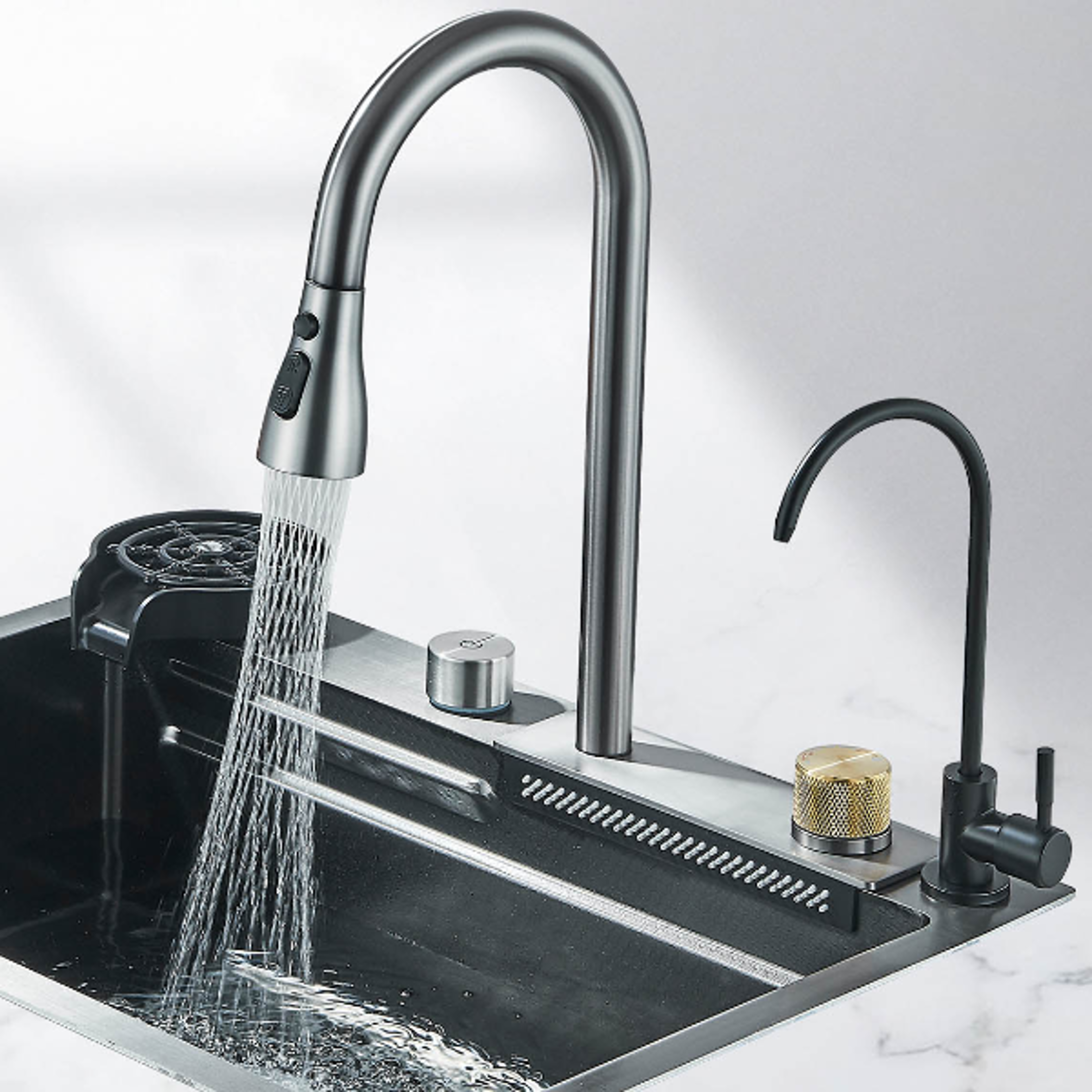 stainless steel waterfall kitchen sink, large single basin sink, above counter sink with large single slot, cup dish