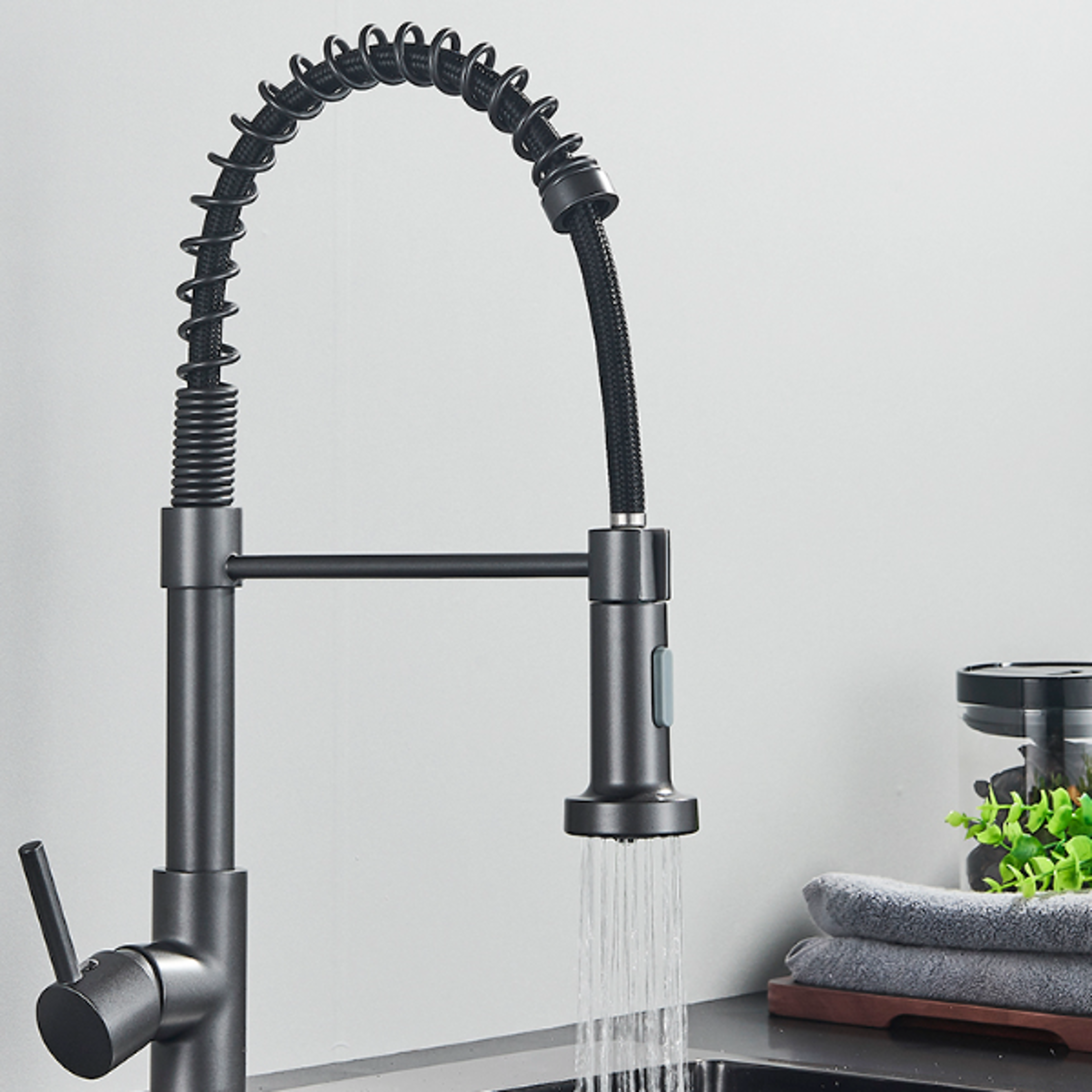 silver gray kitchen sink faucet, one handle spring hot and cold water tap, deck mounted matte black kitchen crane