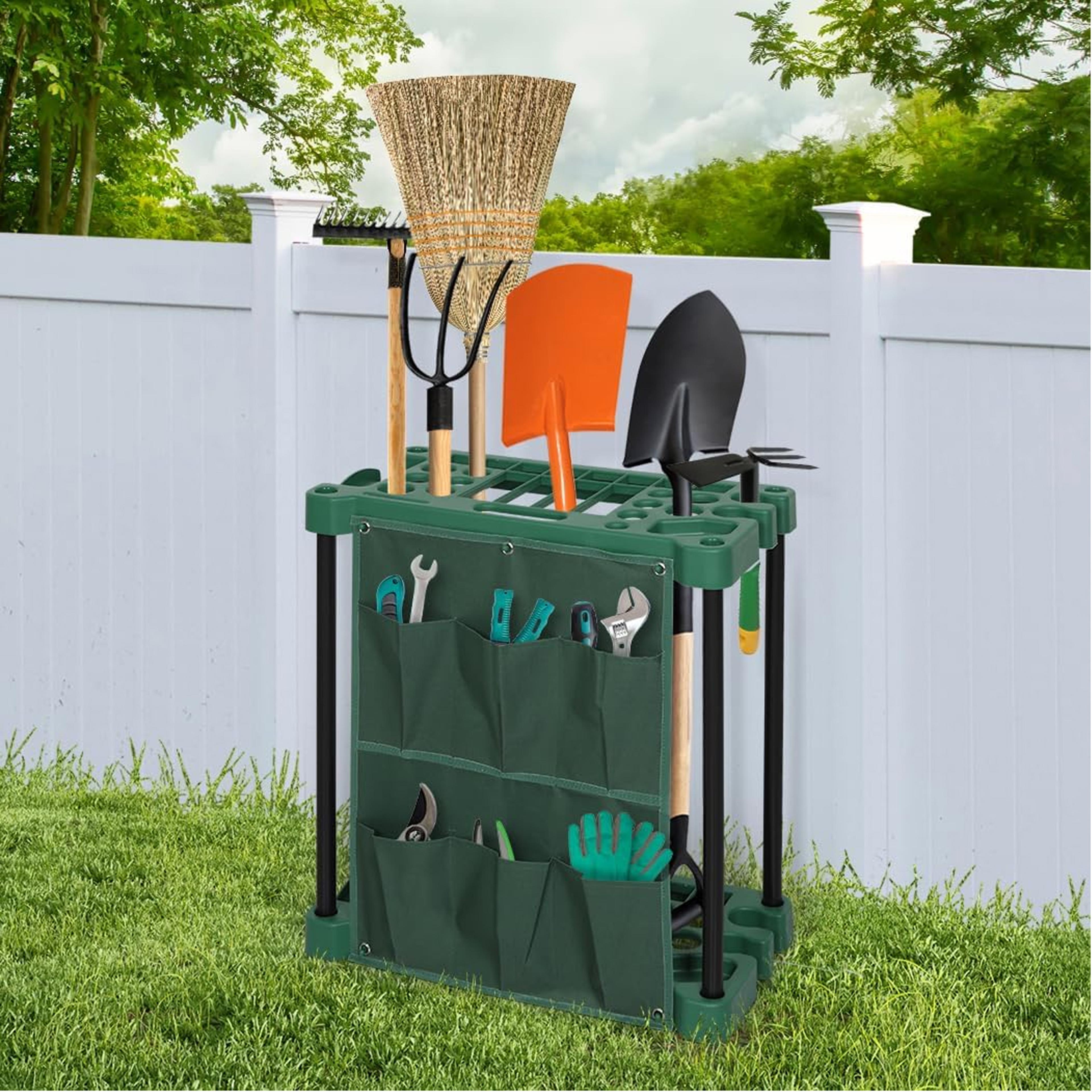 tool storage rack, 33 compartments, large garden tool organizer, lightweight construction, farm tool