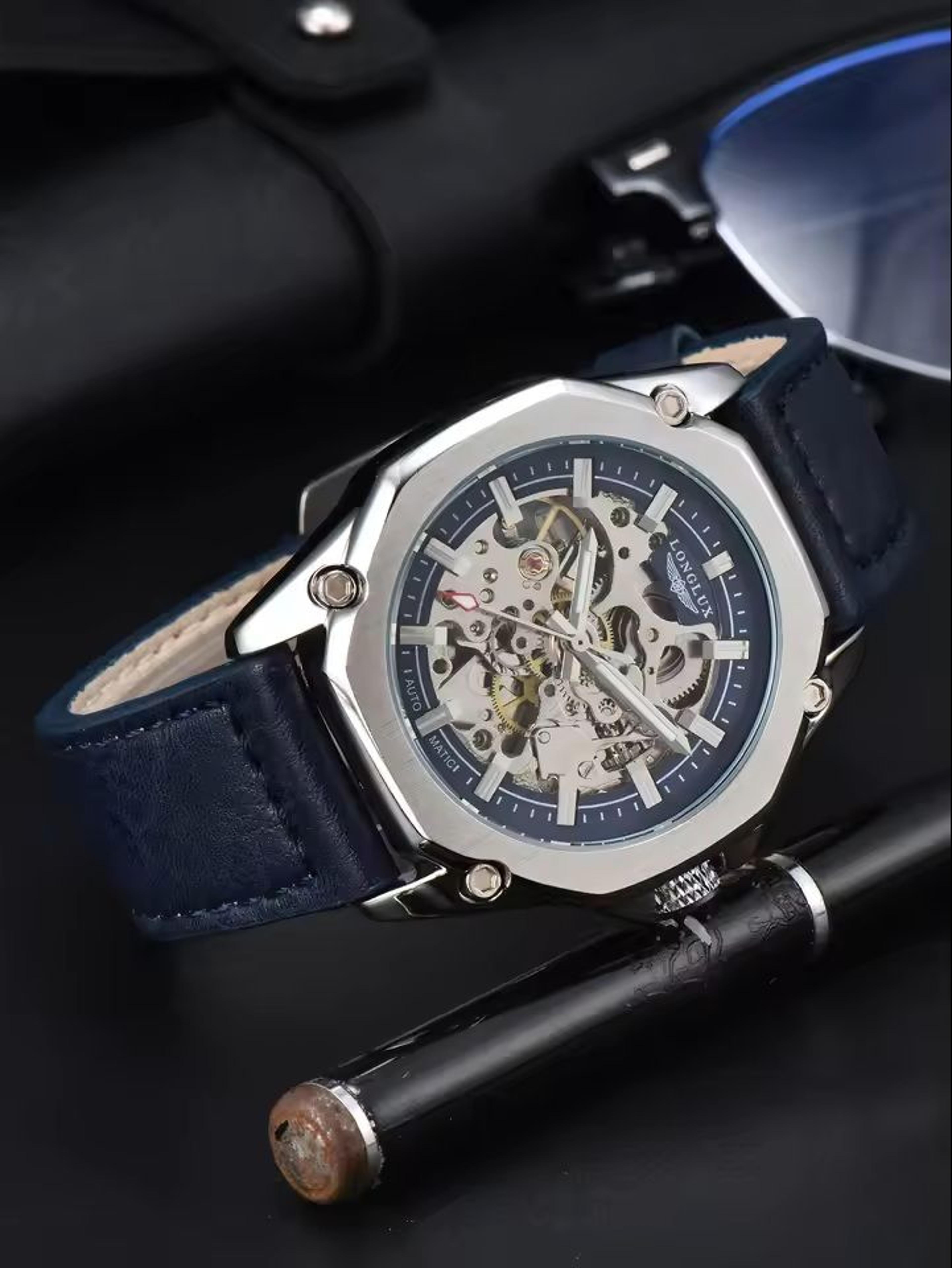 automatic mechanical watch hollow dial leather strap for men
